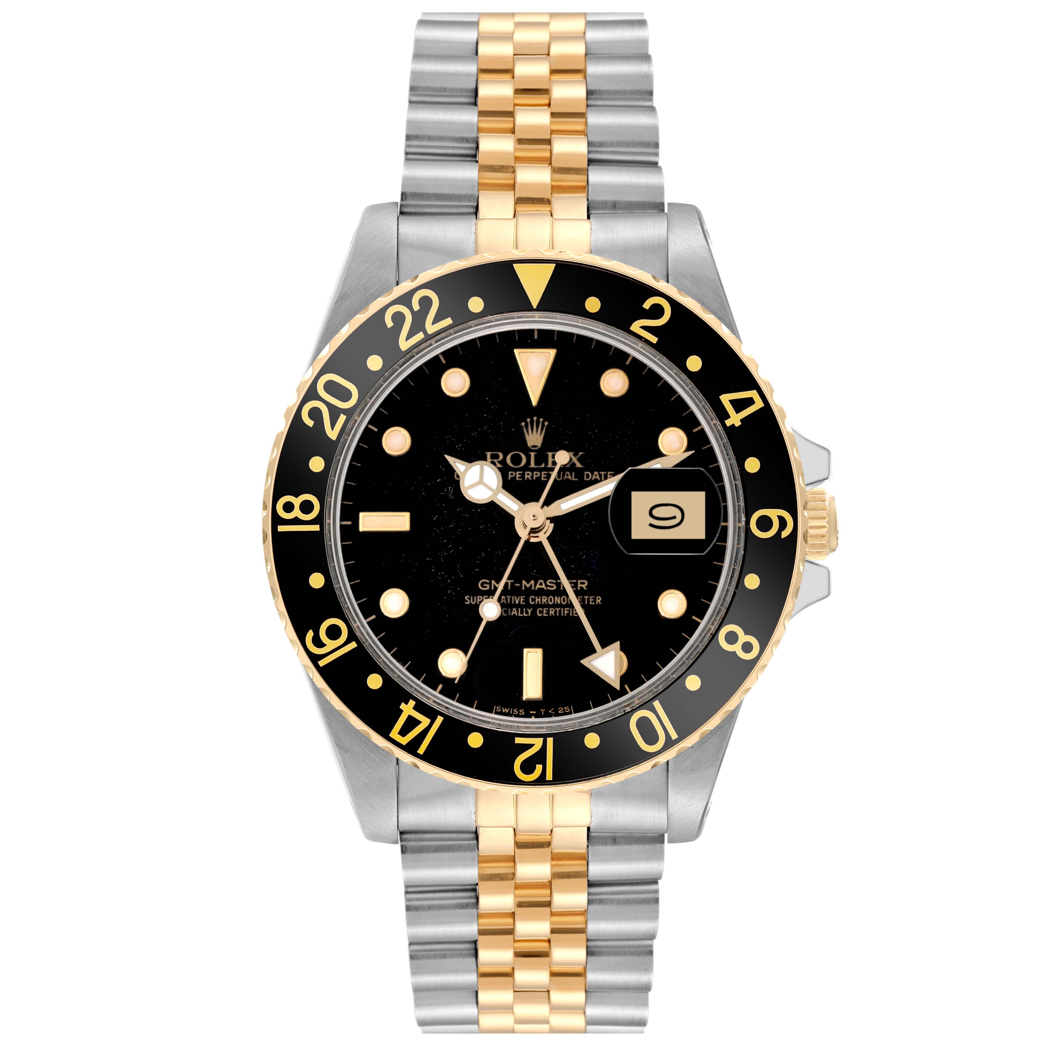 This image shows a front view of the Rolex Vintage Collection 16753 Men's Steel and Gold (two tone) Black Dial 16753 Men's Steel and Gold (two tone) Black Dial watch with a two-tone steel and gold bracelet, black dial, and date display.