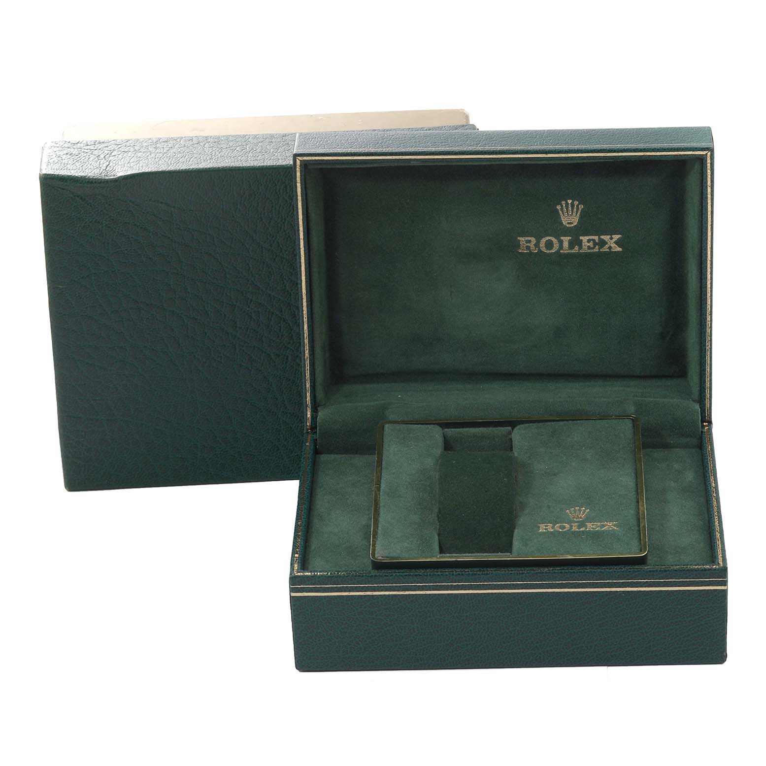 The image shows an open case for a Rolex Vintage Collection 16753 Men's Steel and Gold (two tone) Black Dial 16753 Men's Steel and Gold (two tone) Black Dial watch, displaying the interior and the text "Rolex."