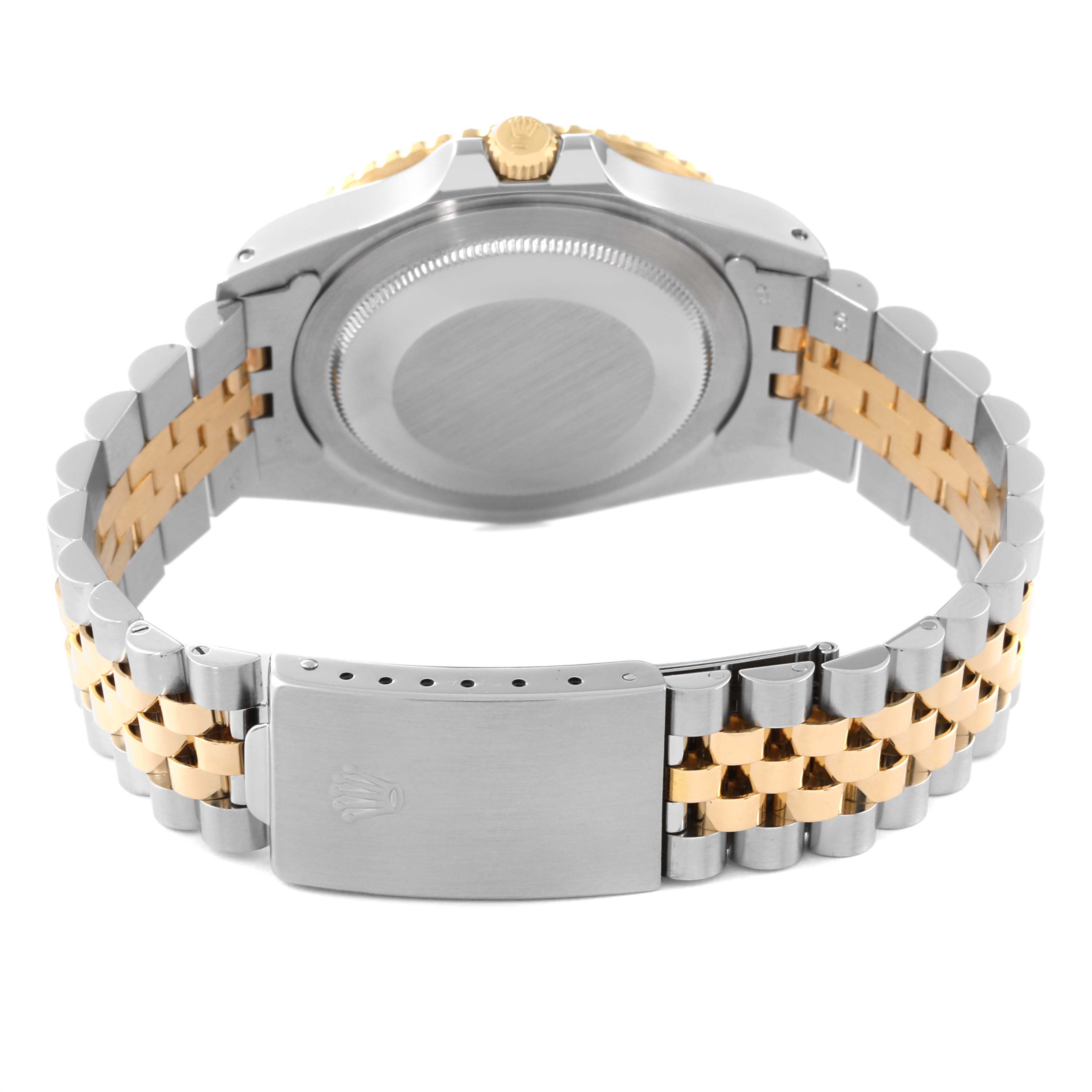 This image shows the back, crown, and bracelet of a Rolex Vintage Collection 16753 Men's Steel and Gold (two tone) Black Dial 16753 Men's Steel and Gold (two tone) Black Dial watch.