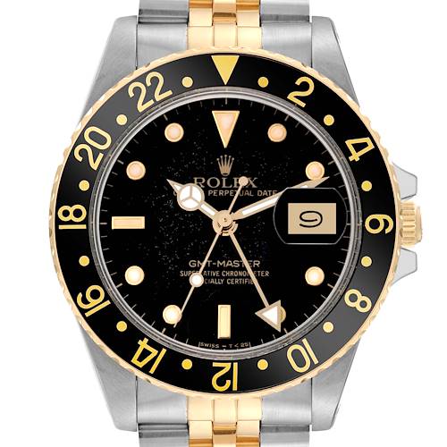 The image shows a frontal view of the Rolex Vintage Collection GMT-Master, highlighting its dial, bezel, and bracelet.