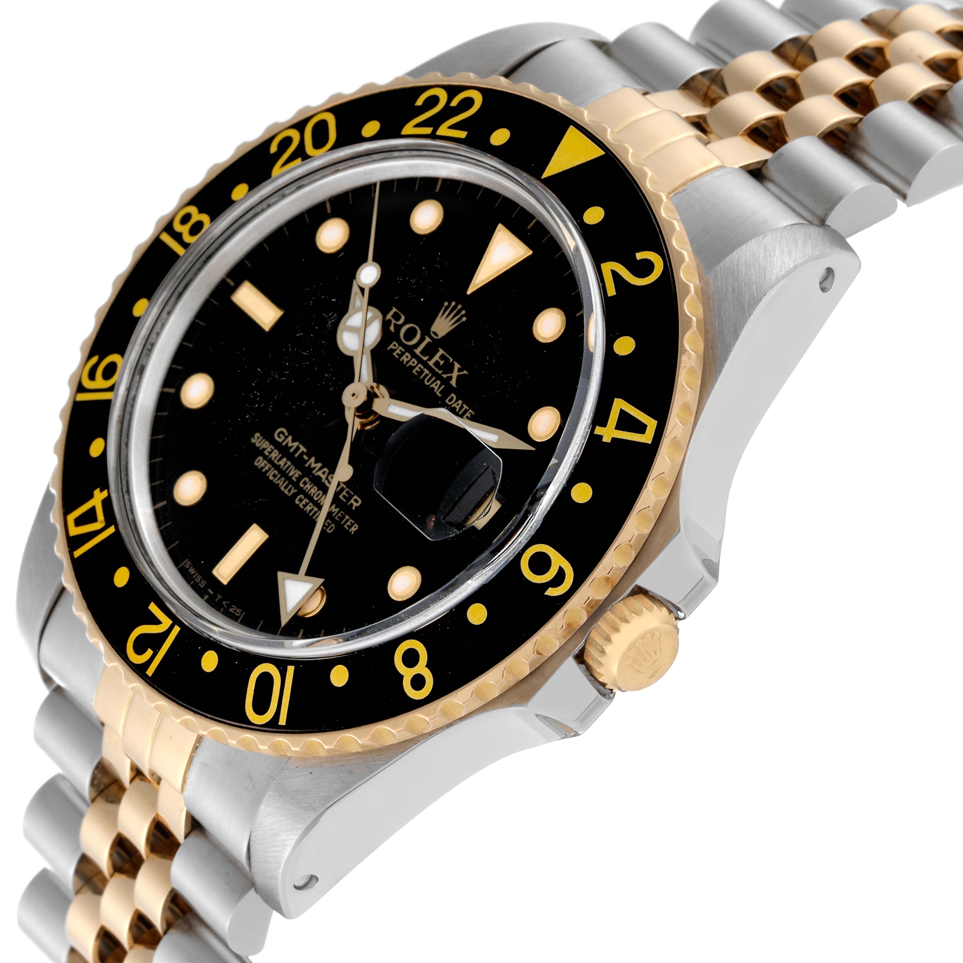 The image shows a close-up angled view of the face and bracelet of the Rolex Vintage Collection 16753 Men's Steel and Gold (two tone) Black Dial 16753 Men's Steel and Gold (two tone) Black Dial GMT-Master watch.