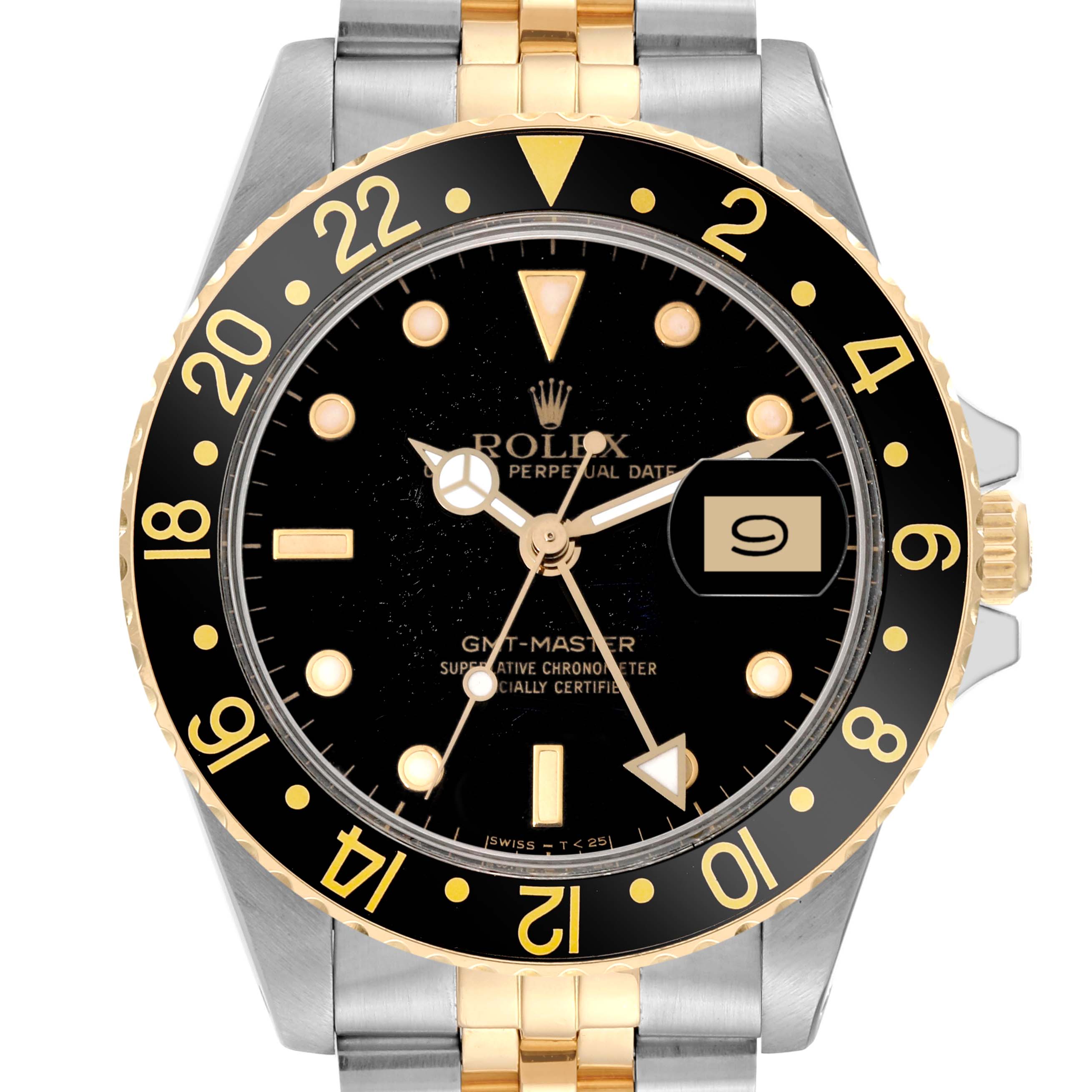 The image shows a front view of a Rolex Vintage Collection 16753 Men's Steel and Gold (two tone) Black Dial 16753 Men's Steel and Gold (two tone) Black Dial GMT-Master watch, highlighting the face, bezel, and part of the bracelet.