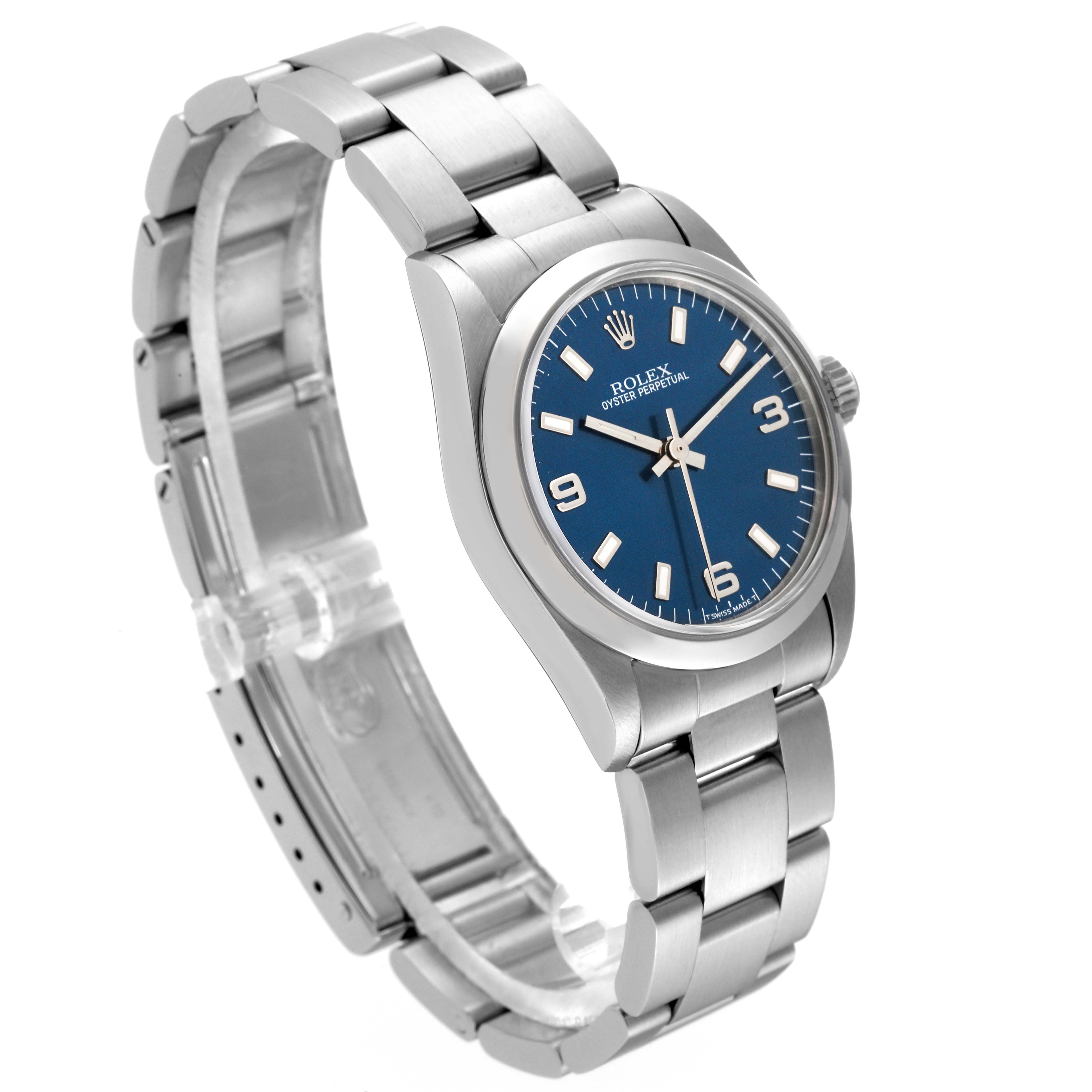 The image shows the Rolex Mid-Size 67480 Women's Stainless Steel Blue Dial 67480 Women's Stainless Steel Blue Dial model watch at a slight angle, displaying the face, bracelet, and crown.