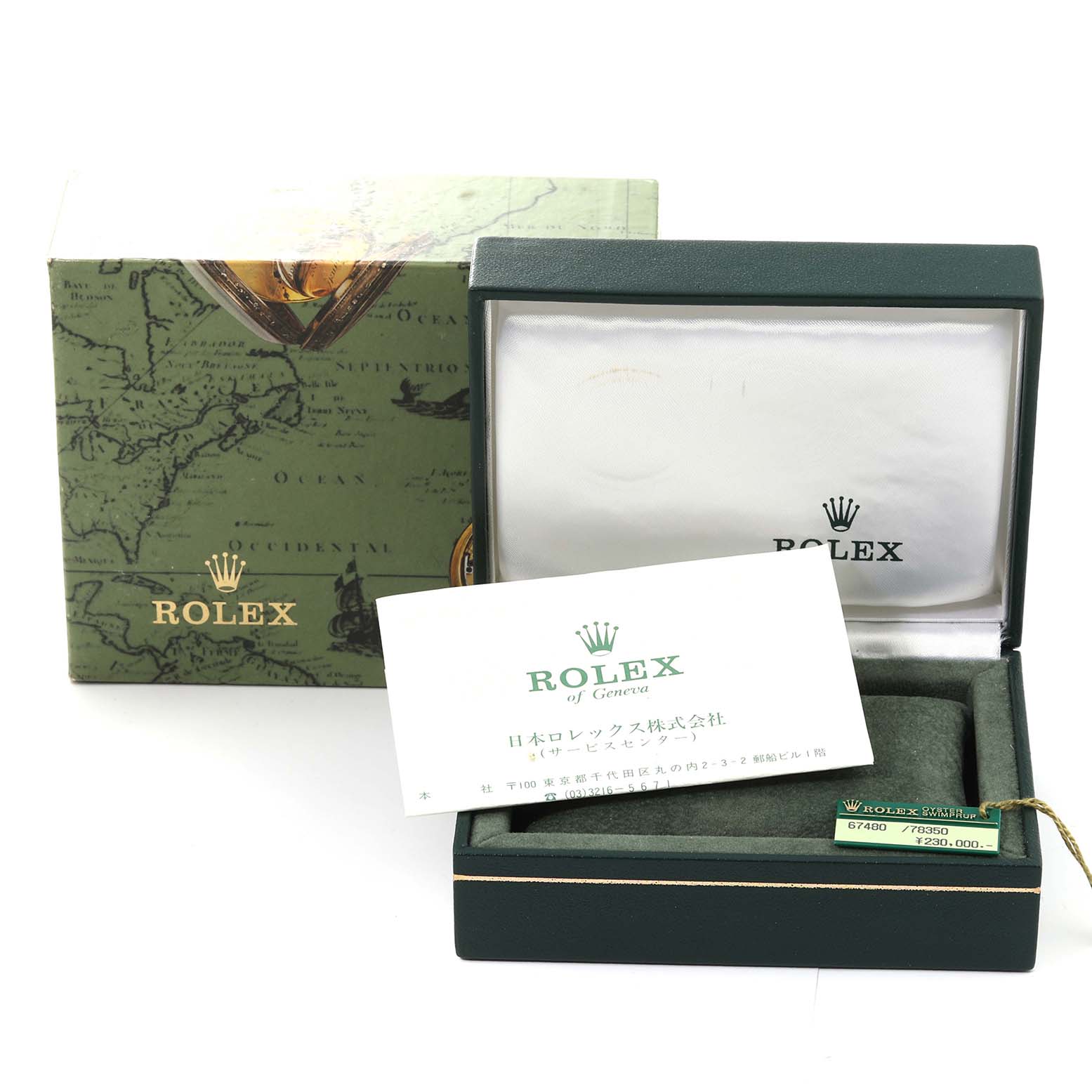 The image shows the packaging for a Mid-Size Rolex watch, including the watch box, papers, and price tag.