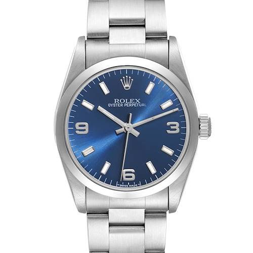 This image shows a front view of the Rolex Oyster Perpetual Mid-Size watch, highlighting its blue dial and stainless steel bracelet.