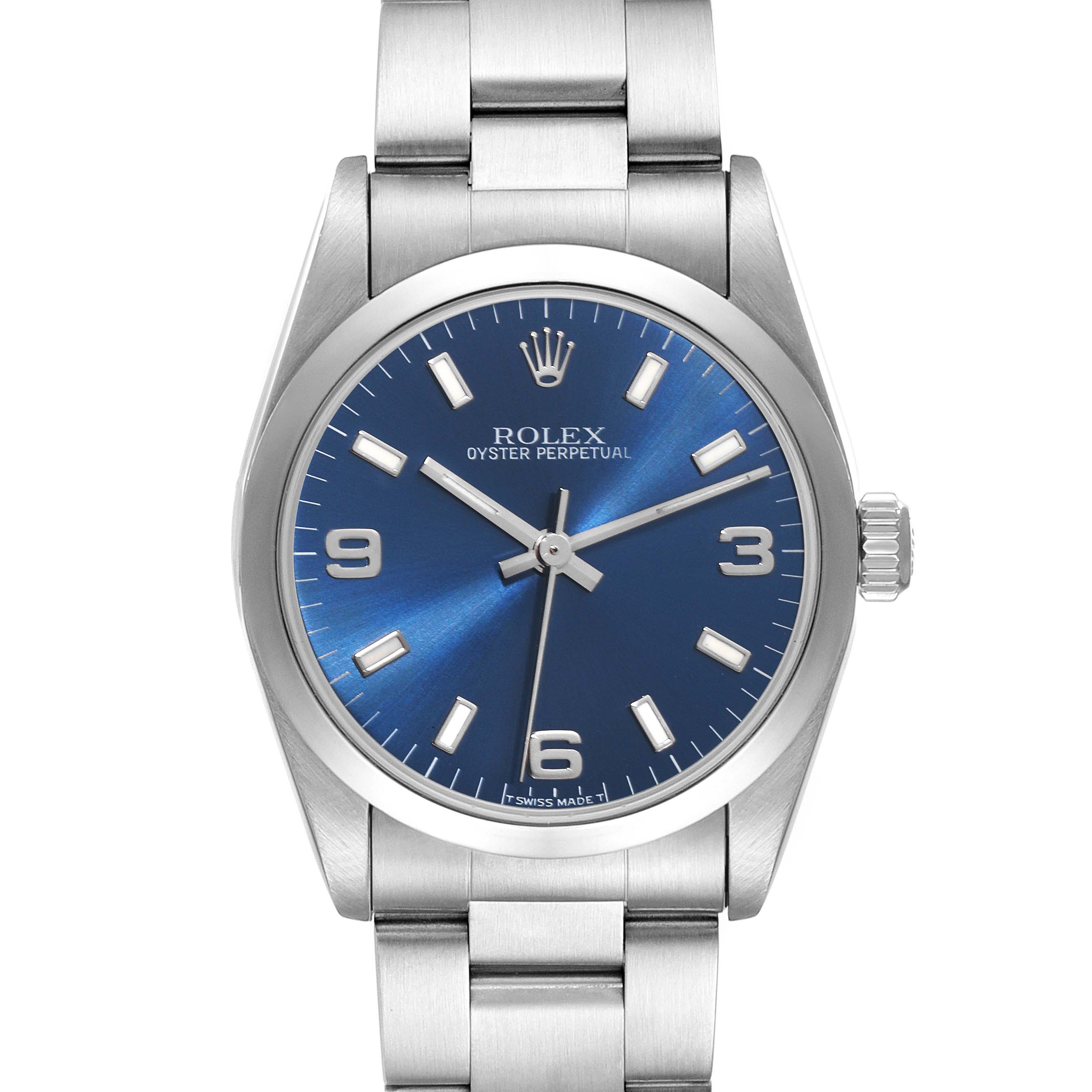 The image shows a frontal view of the Rolex Oyster Perpetual Mid-Size watch, highlighting its blue dial and stainless steel bracelet.