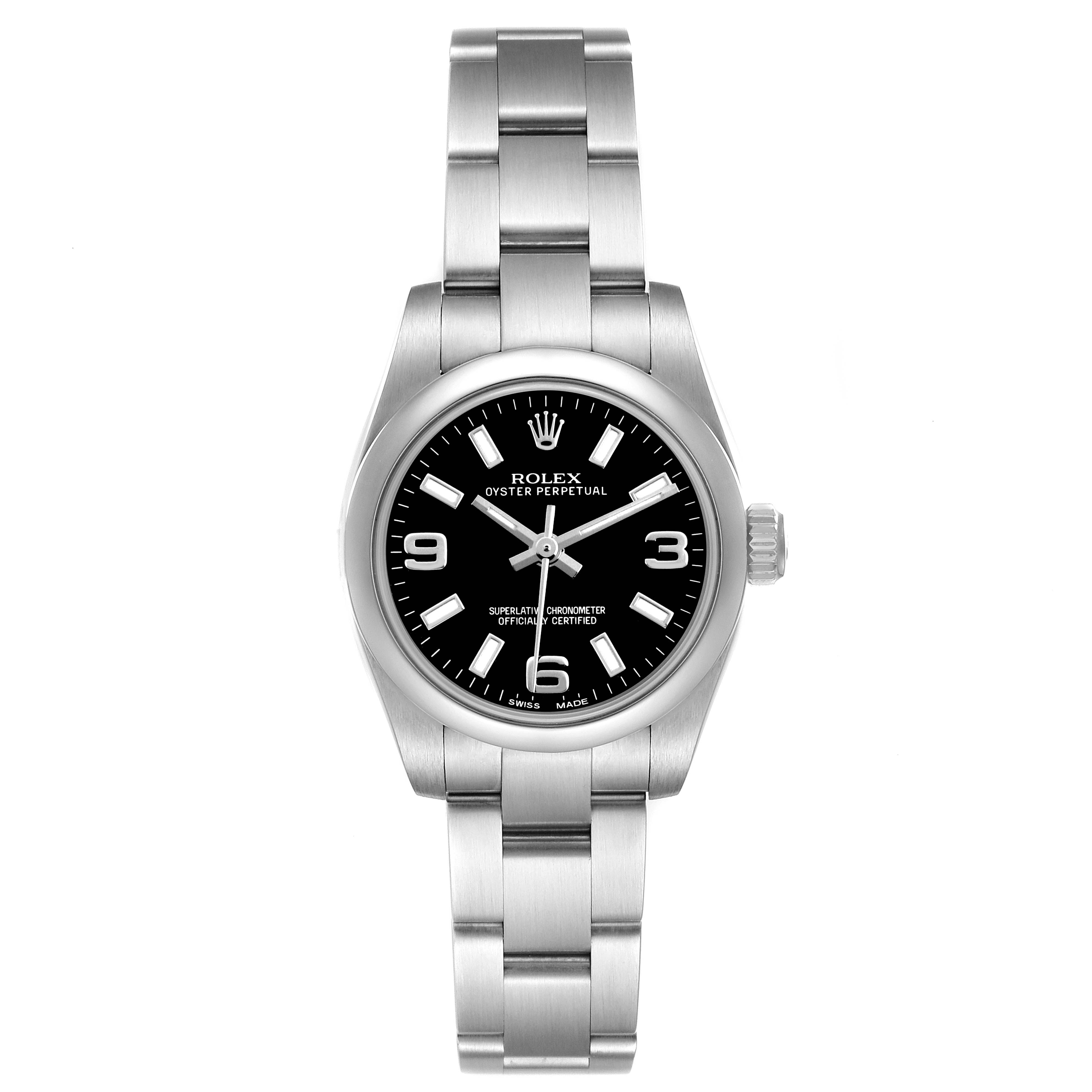 The image shows a front view of a Rolex Oyster Perpetual 176200 Women's Stainless Steel Black Dial watch, highlighting the black dial, stainless steel case, and bracelet.