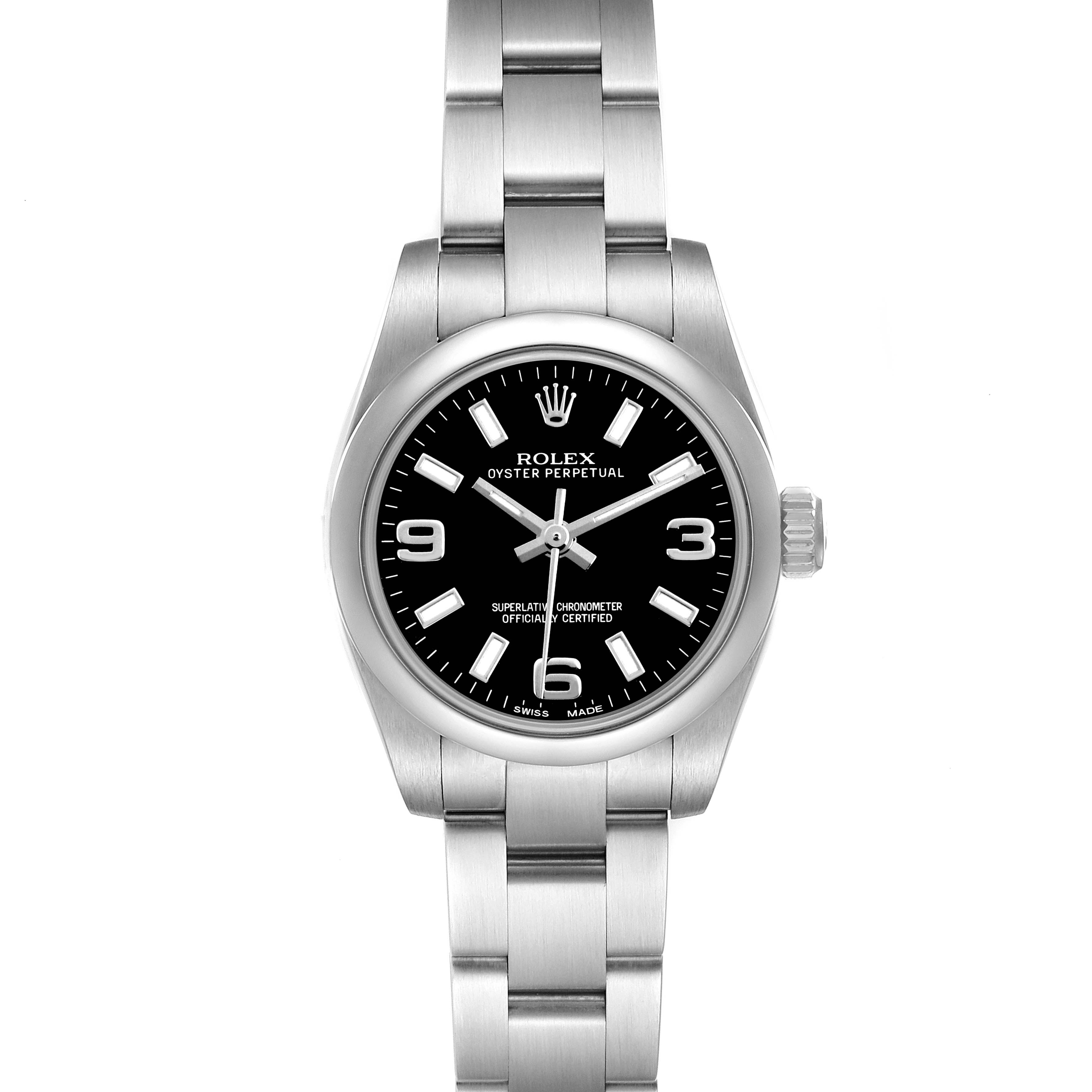 The Rolex Oyster Perpetual 176200 Women's Stainless Steel Black Dial watch is shown from the front, displaying its dial, bezel, bracelet, and crown.