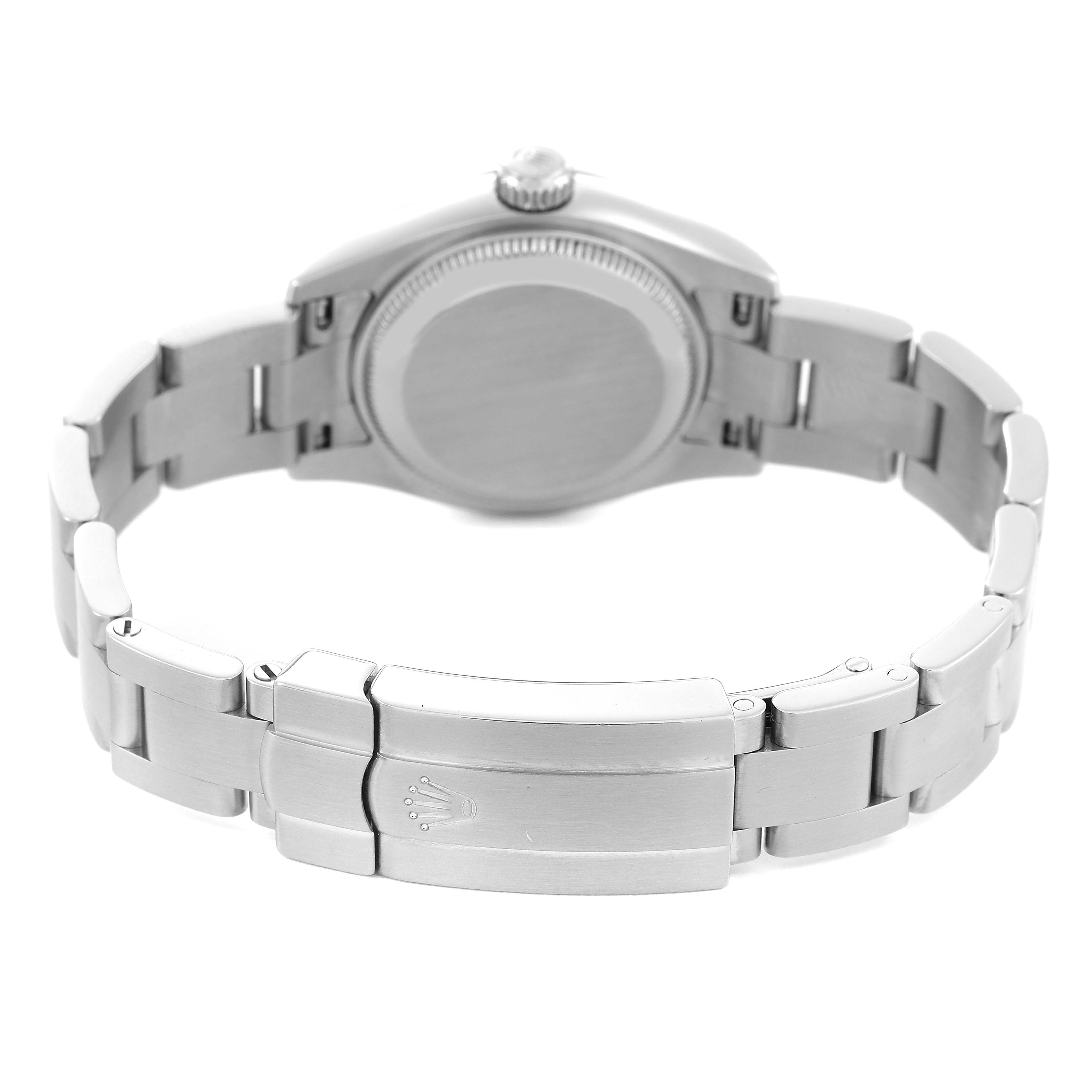 The image shows the back view of a Rolex Oyster Perpetual 176200 Women's Stainless Steel Black Dial watch, highlighting the bracelet and clasp.