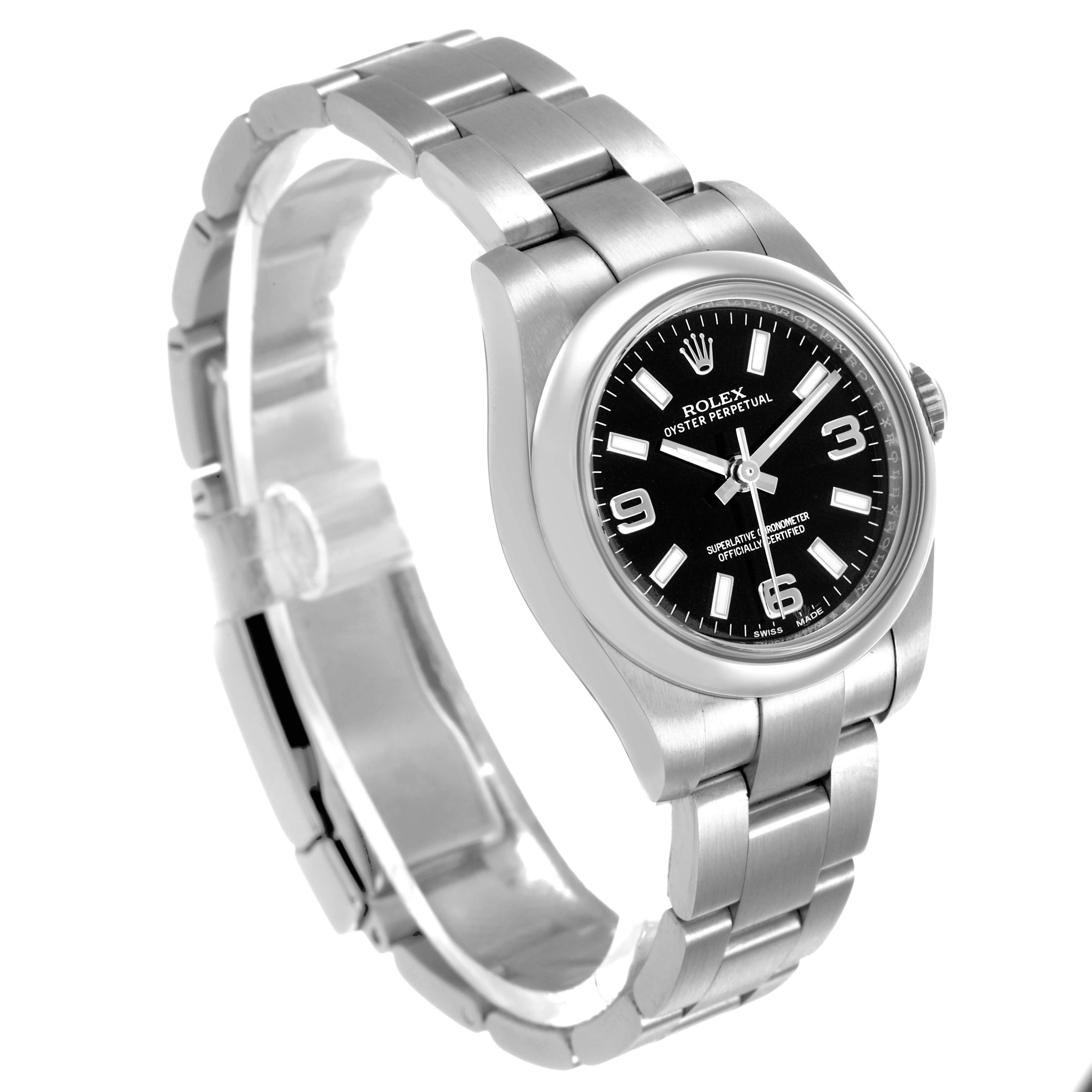 The Rolex Oyster Perpetual 176200 Women's Stainless Steel Black Dial watch is shown at a three-quarter angle, highlighting the face, case, and bracelet.