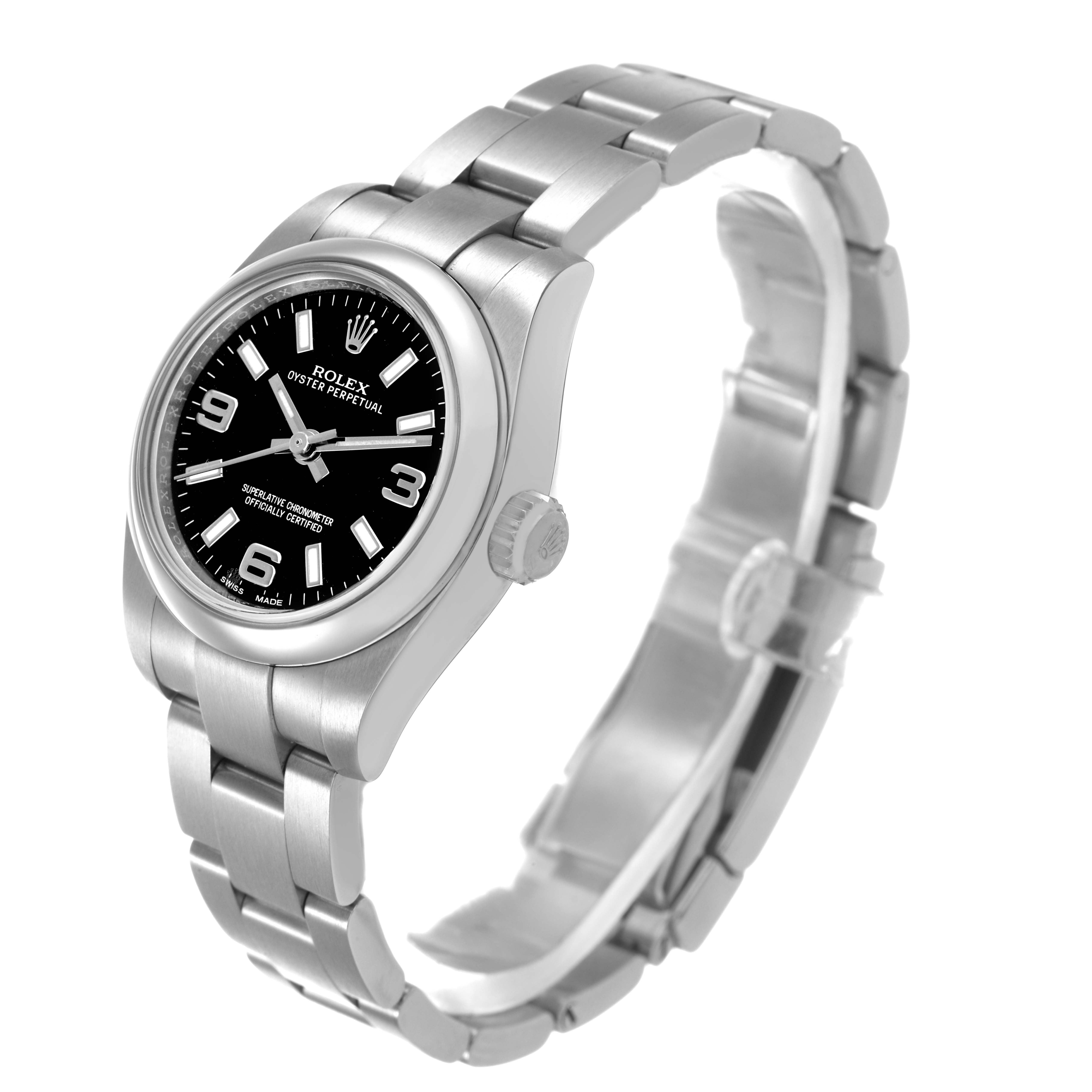 The Rolex Oyster Perpetual 176200 Women's Stainless Steel Black Dial watch is shown at a three-quarter angle, displaying its face, crown, and stainless steel bracelet.