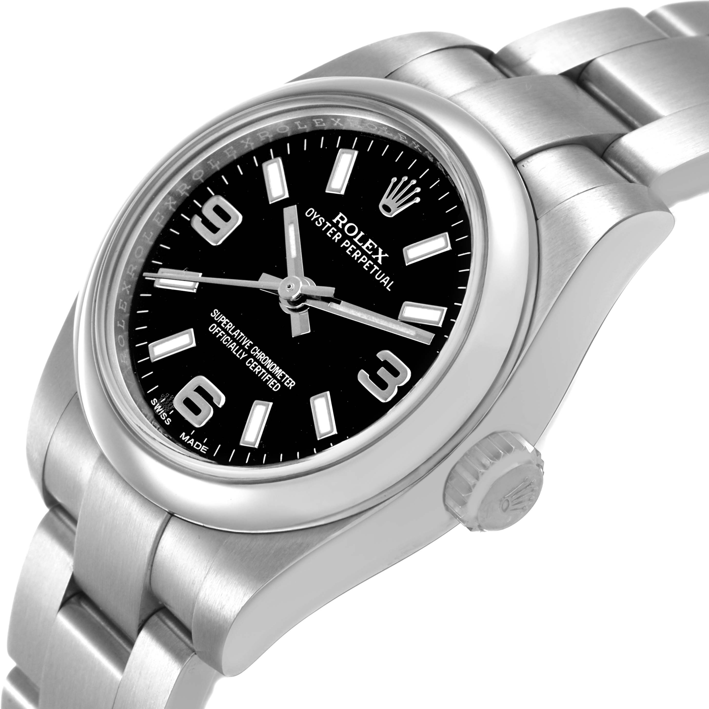 The Rolex Oyster Perpetual 176200 Women's Stainless Steel Black Dial watch is shown from a slightly angled top view, highlighting the black dial, case, crown, and bracelet links.
