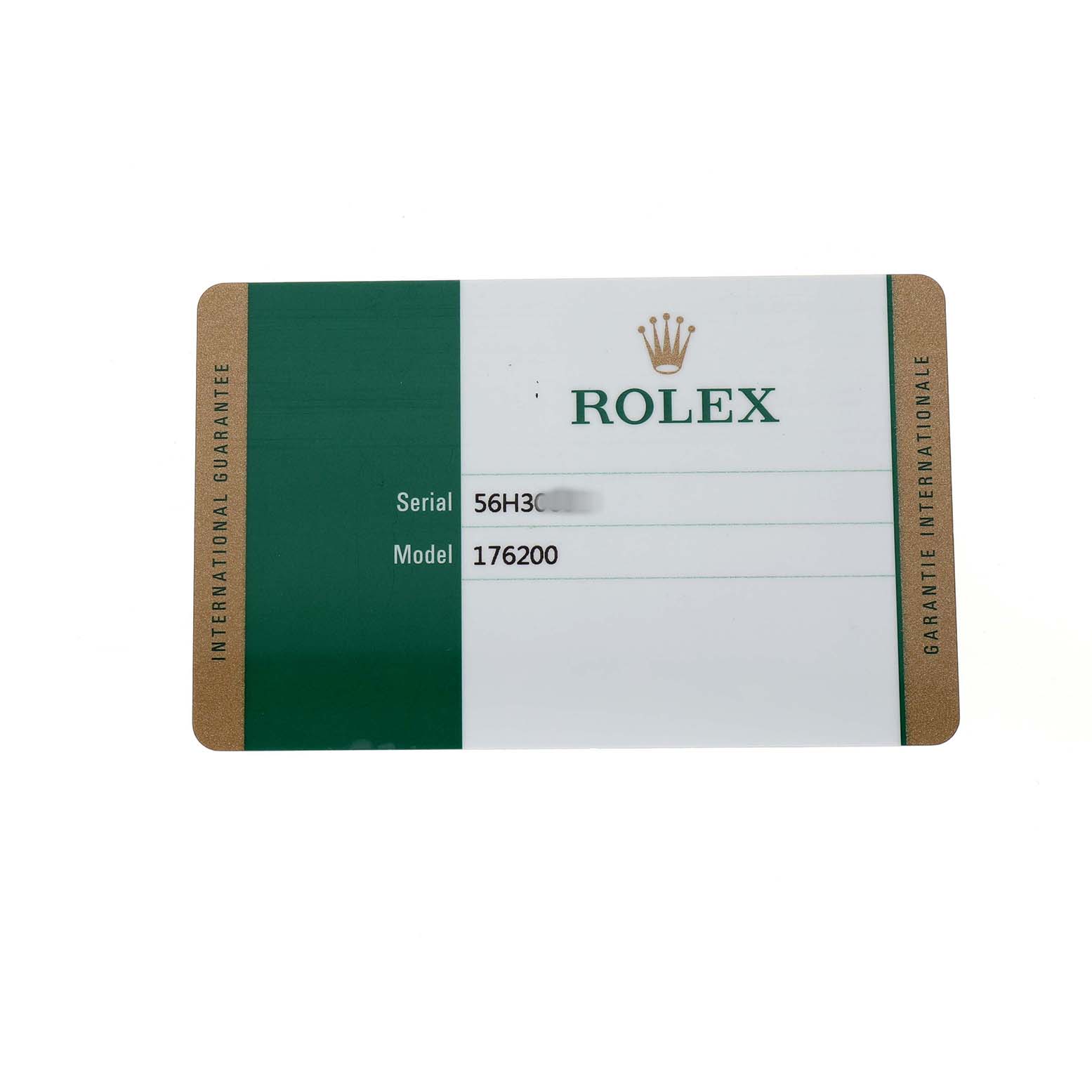 The image shows an International Guarantee card for a Rolex Oyster Perpetual 176200 Women's Stainless Steel Black Dial watch, displaying model and serial numbers.