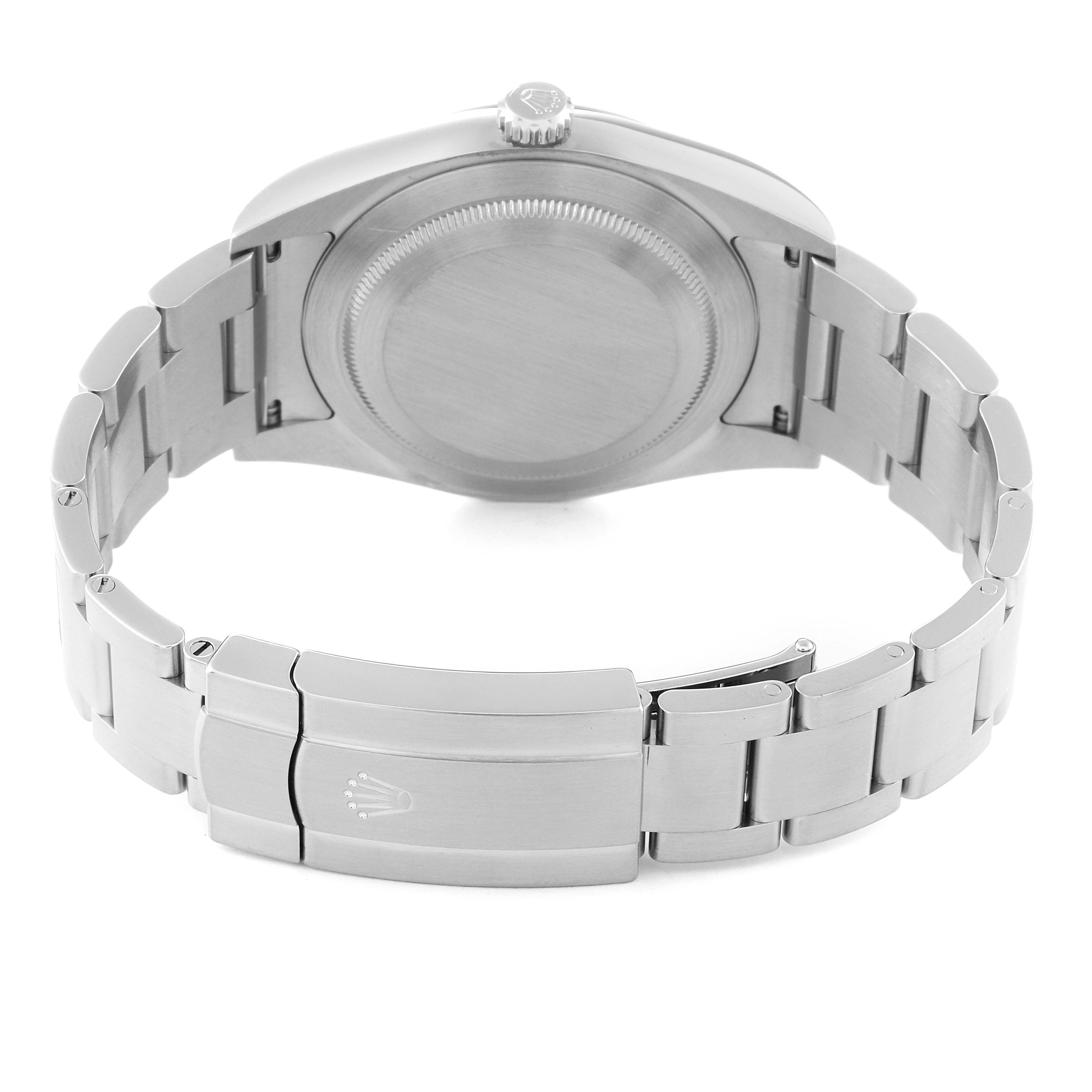 This image shows the backside and bracelet of the Rolex Oyster Perpetual 114300 Men
s Stainless Steel Blue Dial 114300 Men
s Stainless Steel Blue Dial watch.