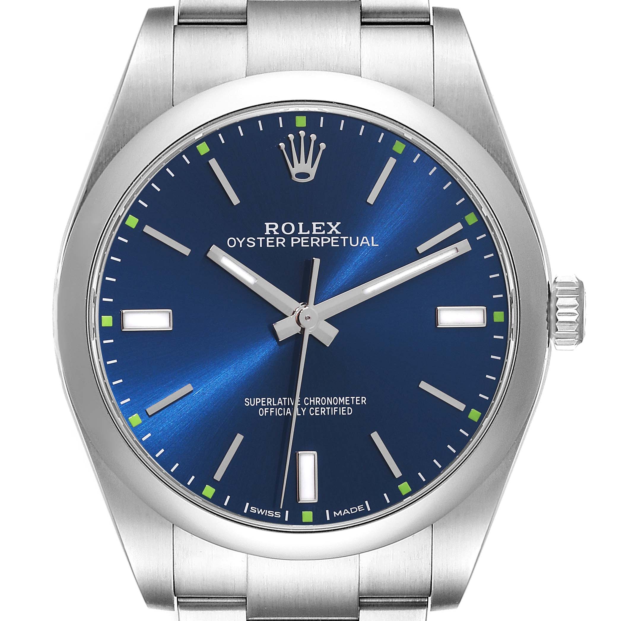 The image shows a front view of a Rolex Oyster Perpetual 114300 Men
s Stainless Steel Blue Dial 114300 Men
s Stainless Steel Blue Dial watch, displaying its blue dial, hands, markers, and part of the bracelet.