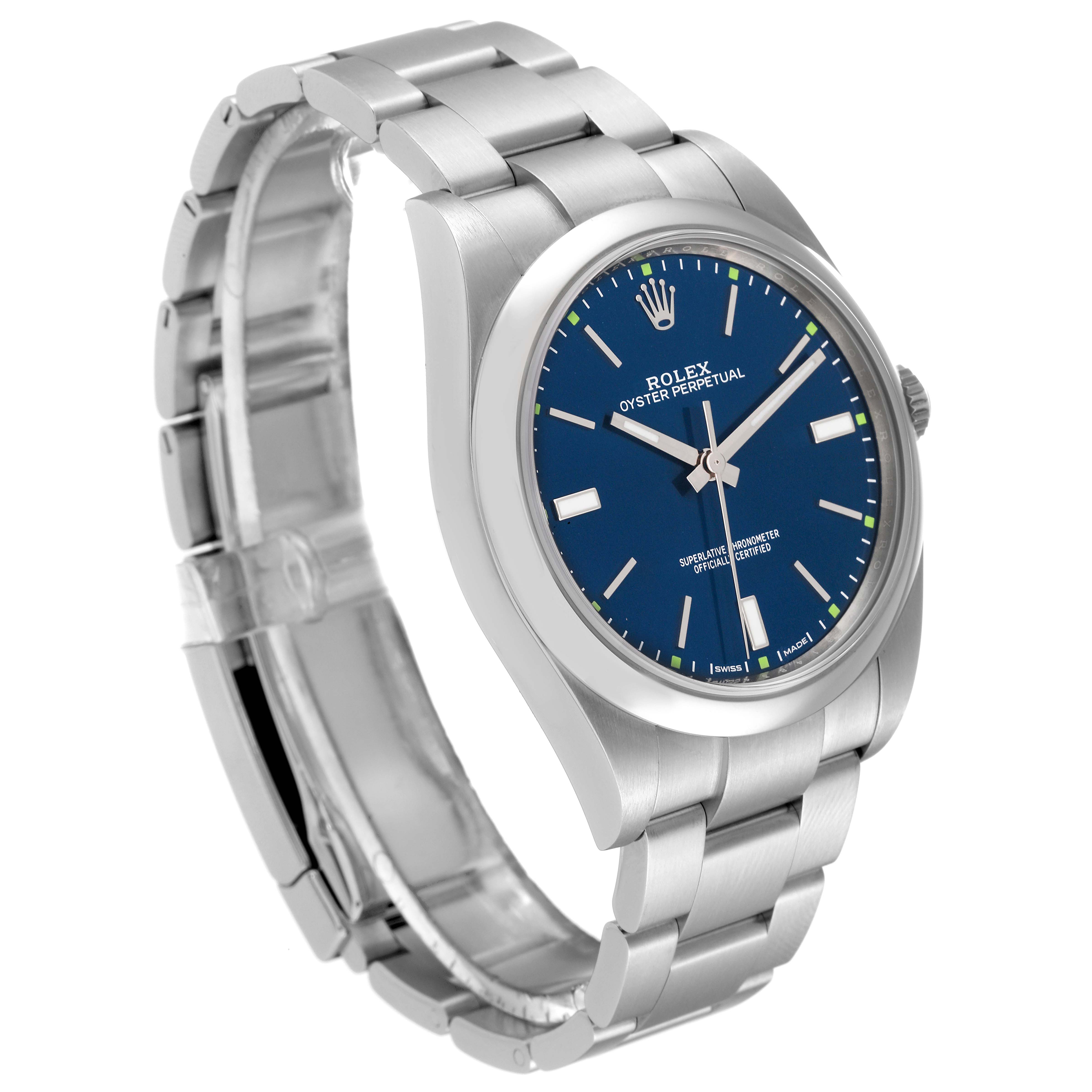 The image shows a Rolex Oyster Perpetual 114300 Men
s Stainless Steel Blue Dial 114300 Men
s Stainless Steel Blue Dial watch featuring a blue dial, stainless steel case, and an oyster steel bracelet from a side angle.