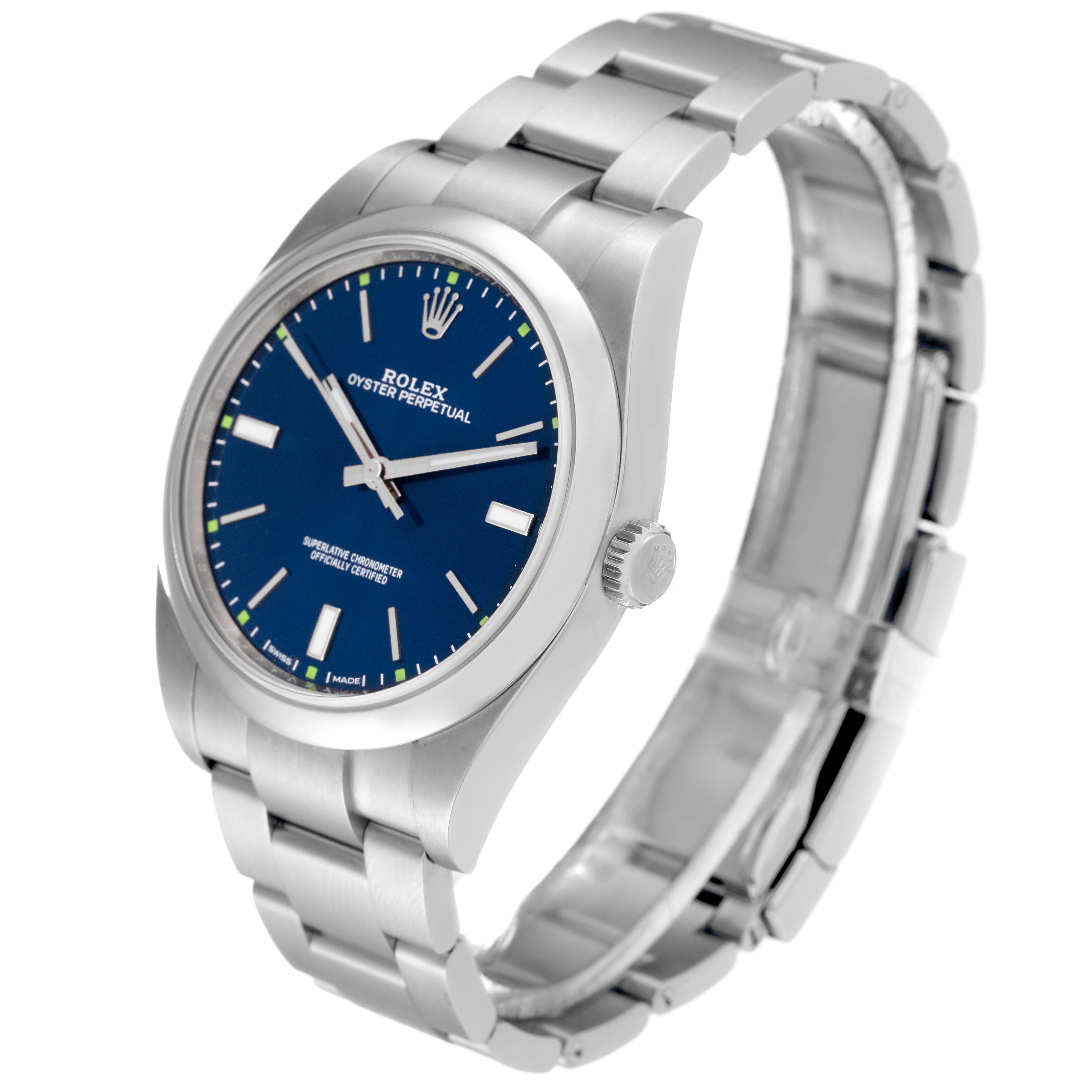 The Rolex Oyster Perpetual 114300 Men
s Stainless Steel Blue Dial 114300 Men
s Stainless Steel Blue Dial watch is shown at an angled side view, displaying the face, bezel, crown, and bracelet.