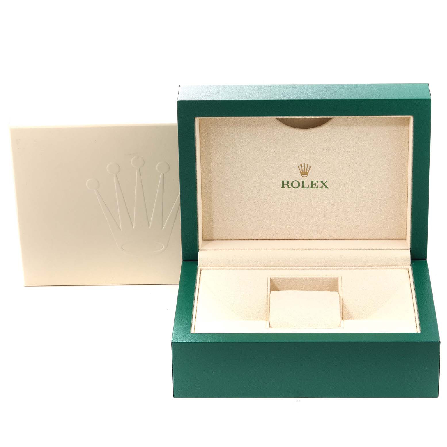 The image shows an open Rolex Oyster Perpetual 114300 Men
s Stainless Steel Blue Dial 114300 Men
s Stainless Steel Blue Dial watch box with an empty beige interior and green exterior.