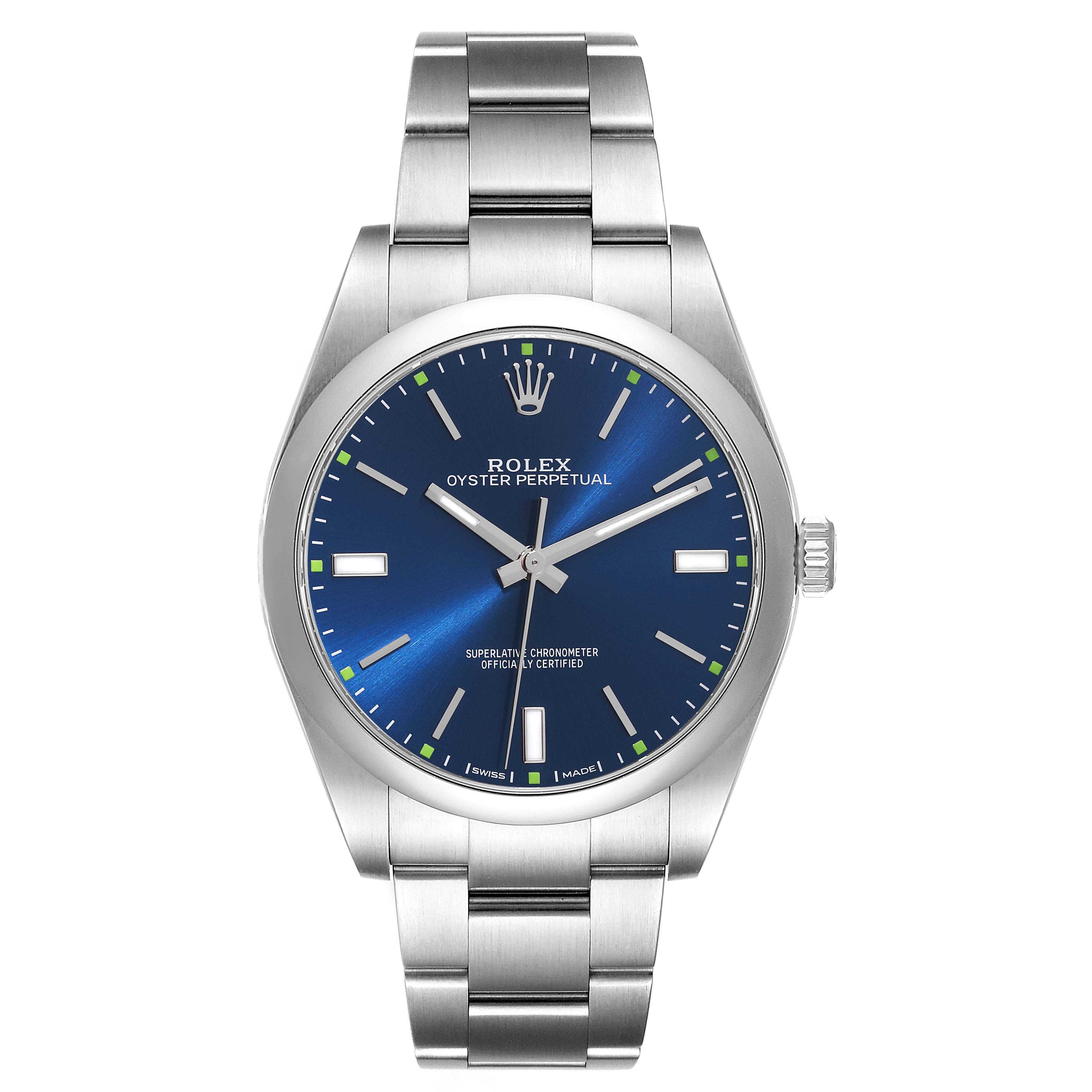 The Rolex Oyster Perpetual 114300 Men
s Stainless Steel Blue Dial 114300 Men
s Stainless Steel Blue Dial model is shown from a front angle, displaying the face, bezel, and bracelet.