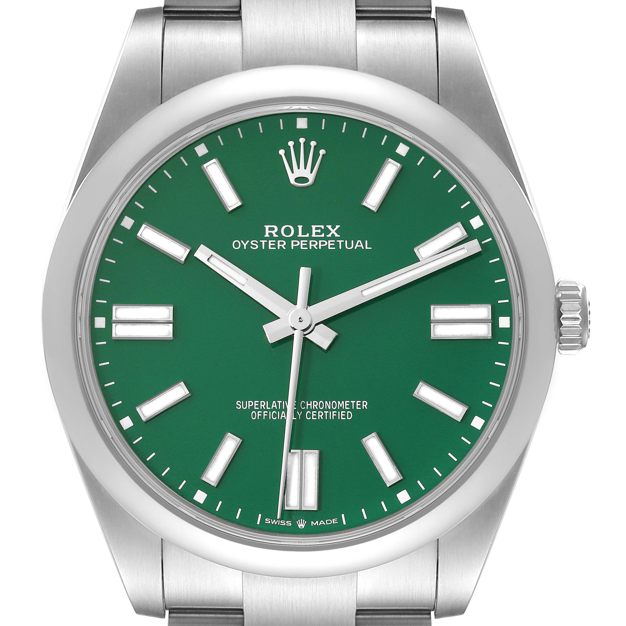 The image shows a front view of the Rolex Oyster Perpetual 124300 Men's Stainless Steel Green Dial 124300 Men's Stainless Steel Green Dial watch, highlighting its green dial, hour markers, and silver bracelet.
