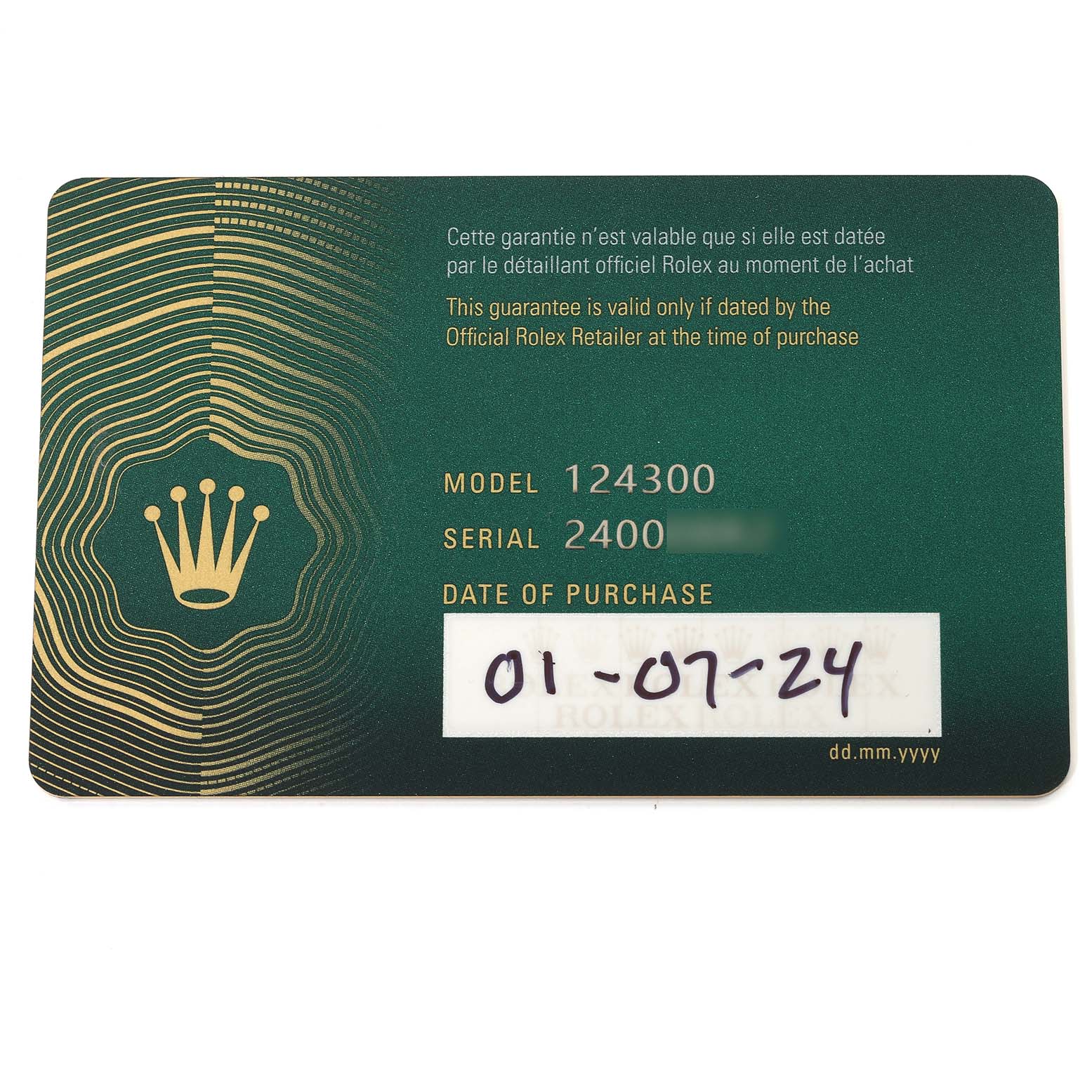 This image shows a green warranty card for the Rolex Oyster Perpetual 124300 Men's Stainless Steel Green Dial 124300 Men's Stainless Steel Green Dial model 124300, serial number 2400XXXX, with a handwritten purchase date.