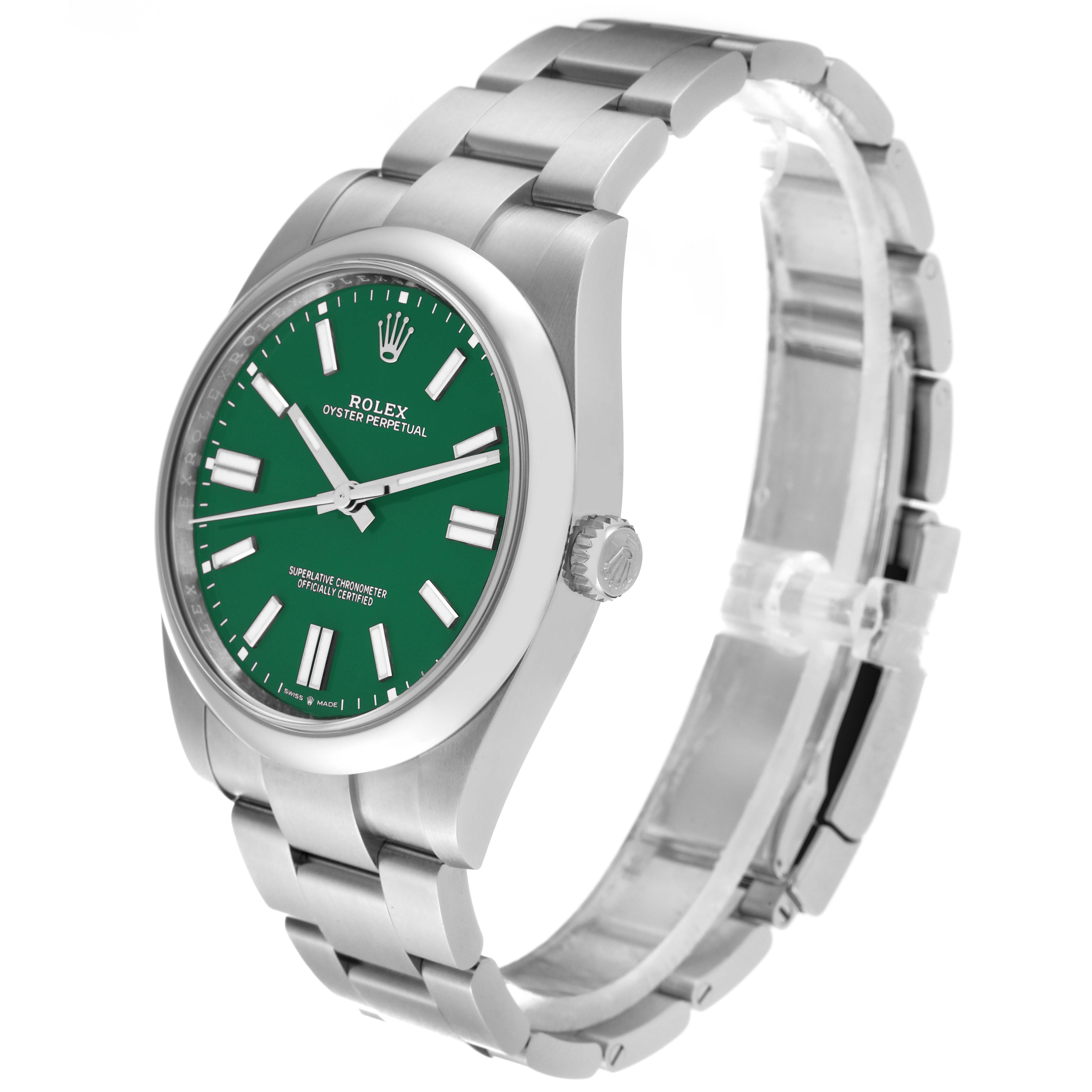 The Rolex Oyster Perpetual 124300 Men's Stainless Steel Green Dial 124300 Men's Stainless Steel Green Dial watch is shown at a three-quarter angle, displaying the green dial, crown, and stainless steel bracelet.