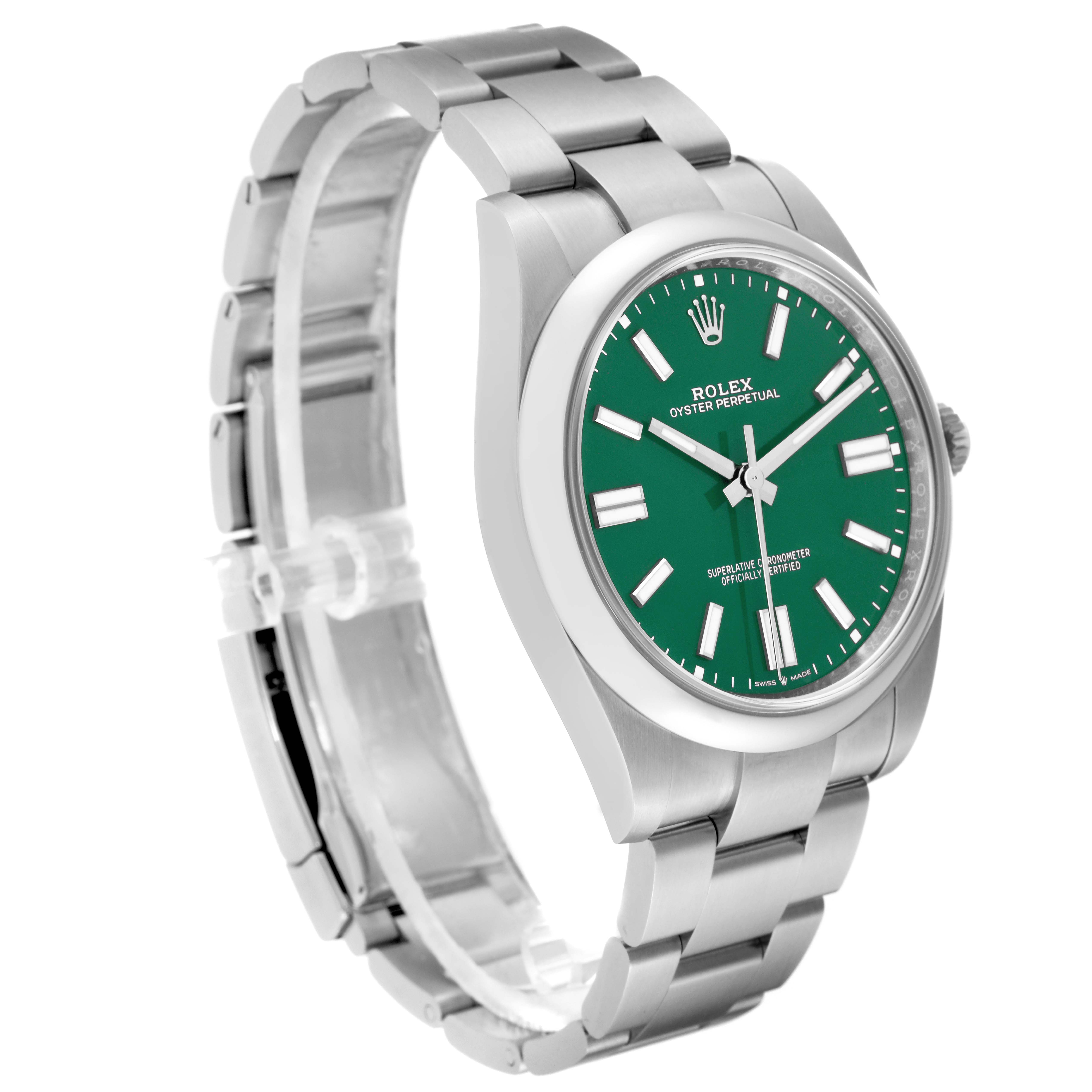 This image shows a side angle of the Rolex Oyster Perpetual 124300 Men's Stainless Steel Green Dial 124300 Men's Stainless Steel Green Dial watch, highlighting the green dial, case, and bracelet.
