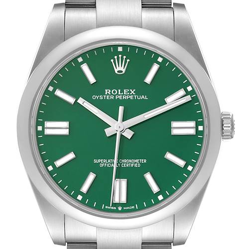 This image shows a frontal view of a Rolex Oyster Perpetual watch with a green dial and stainless steel bracelet.