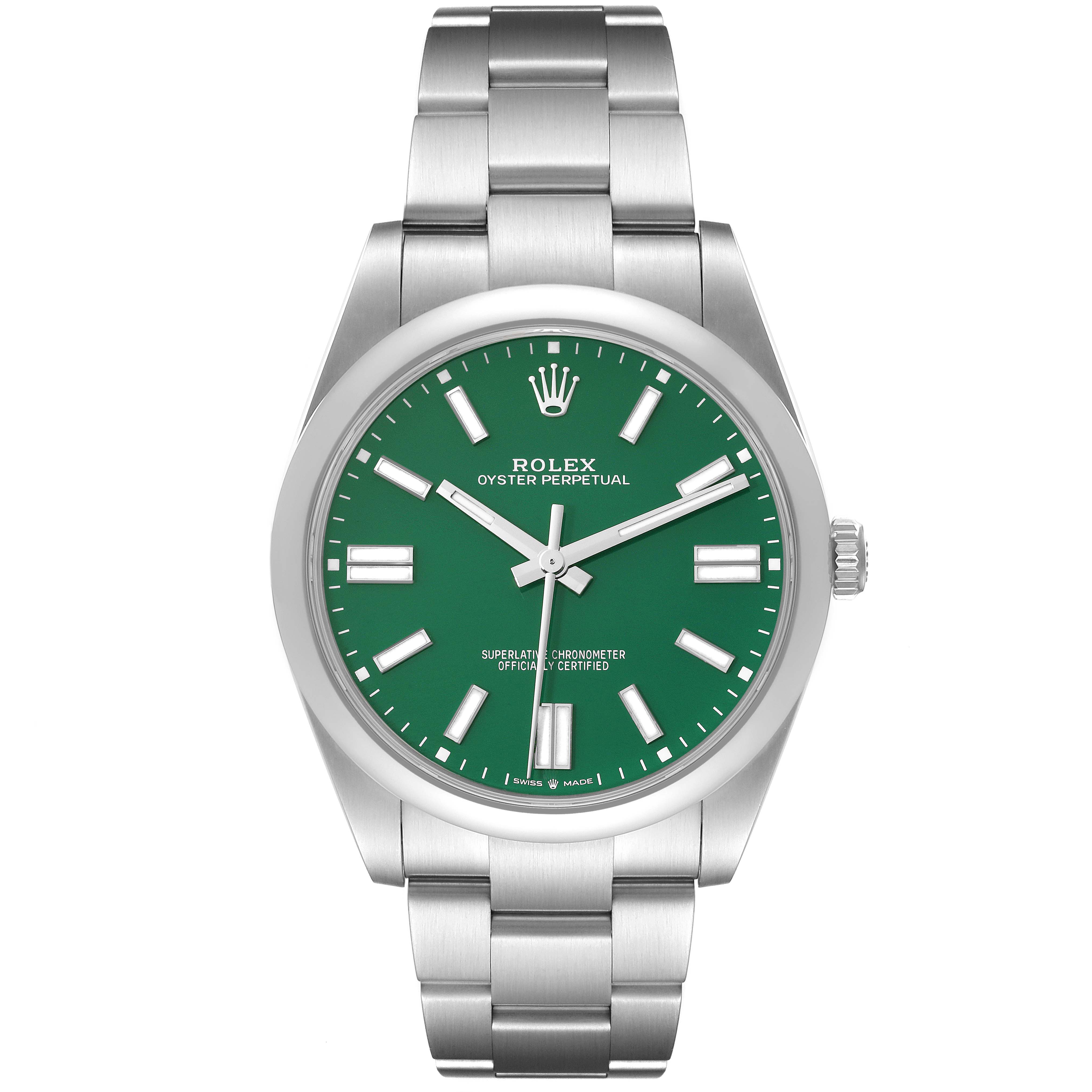 The image shows the front view of a Rolex Oyster Perpetual 124300 Men's Stainless Steel Green Dial 124300 Men's Stainless Steel Green Dial watch with a green dial and stainless steel bracelet.