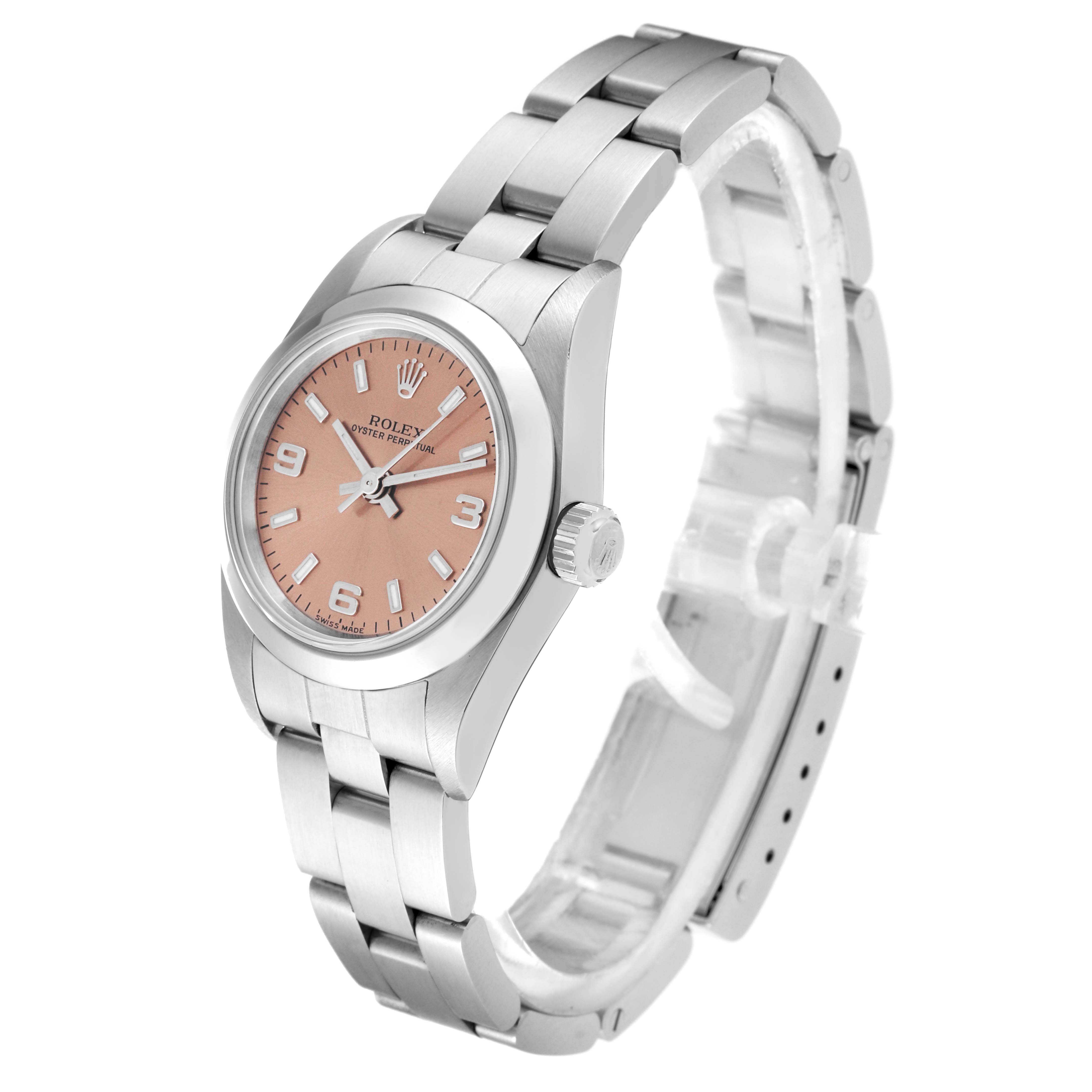 The image shows a side angle of a Rolex Oyster Perpetual 76080 Women's Stainless Steel Pink Dial 76080 Women's Stainless Steel Pink Dial watch, highlighting its bracelet, case, crown, and pink dial.