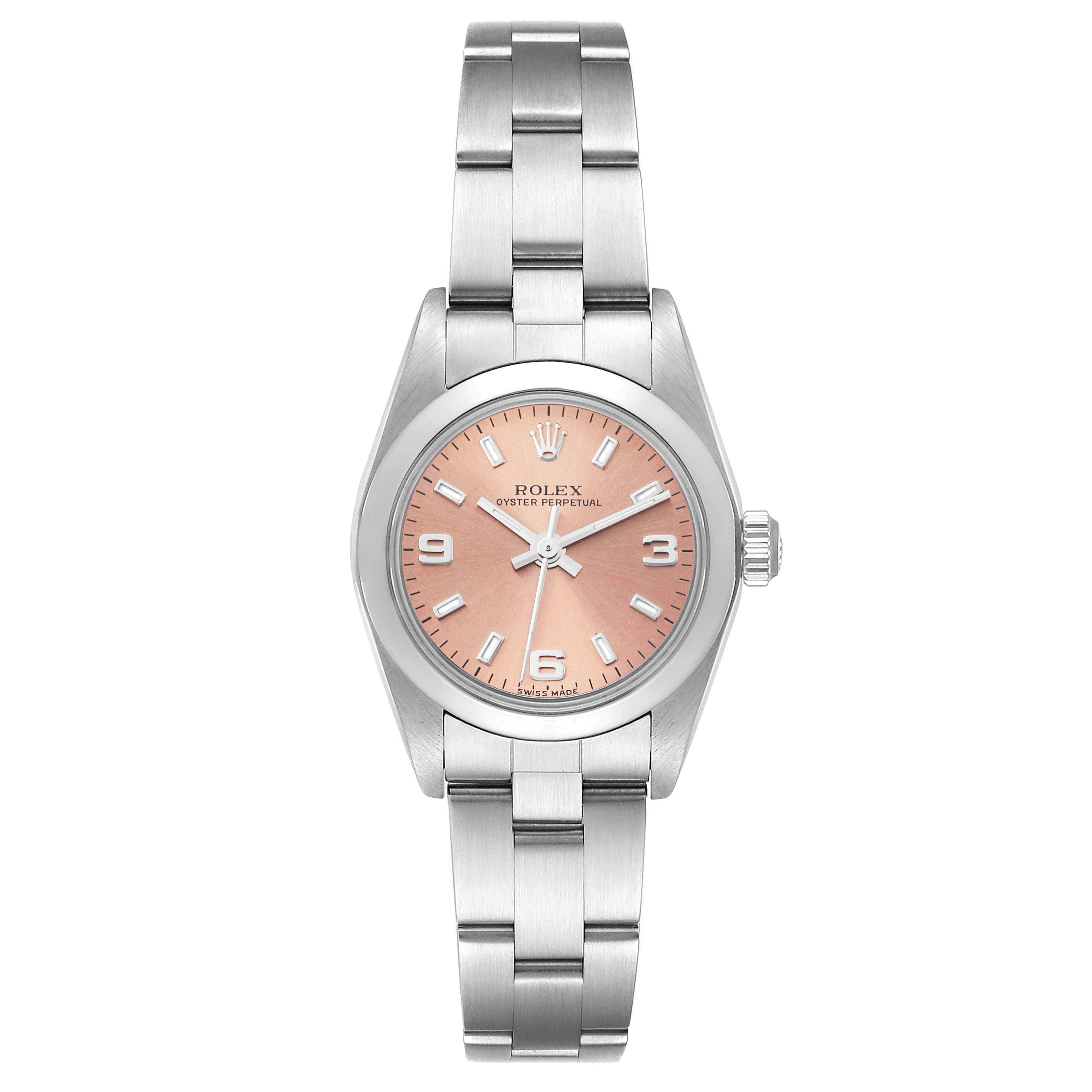 This image shows a frontal view of a Rolex Oyster Perpetual 76080 Women's Stainless Steel Pink Dial 76080 Women's Stainless Steel Pink Dial watch with a silver bracelet and pink dial.
