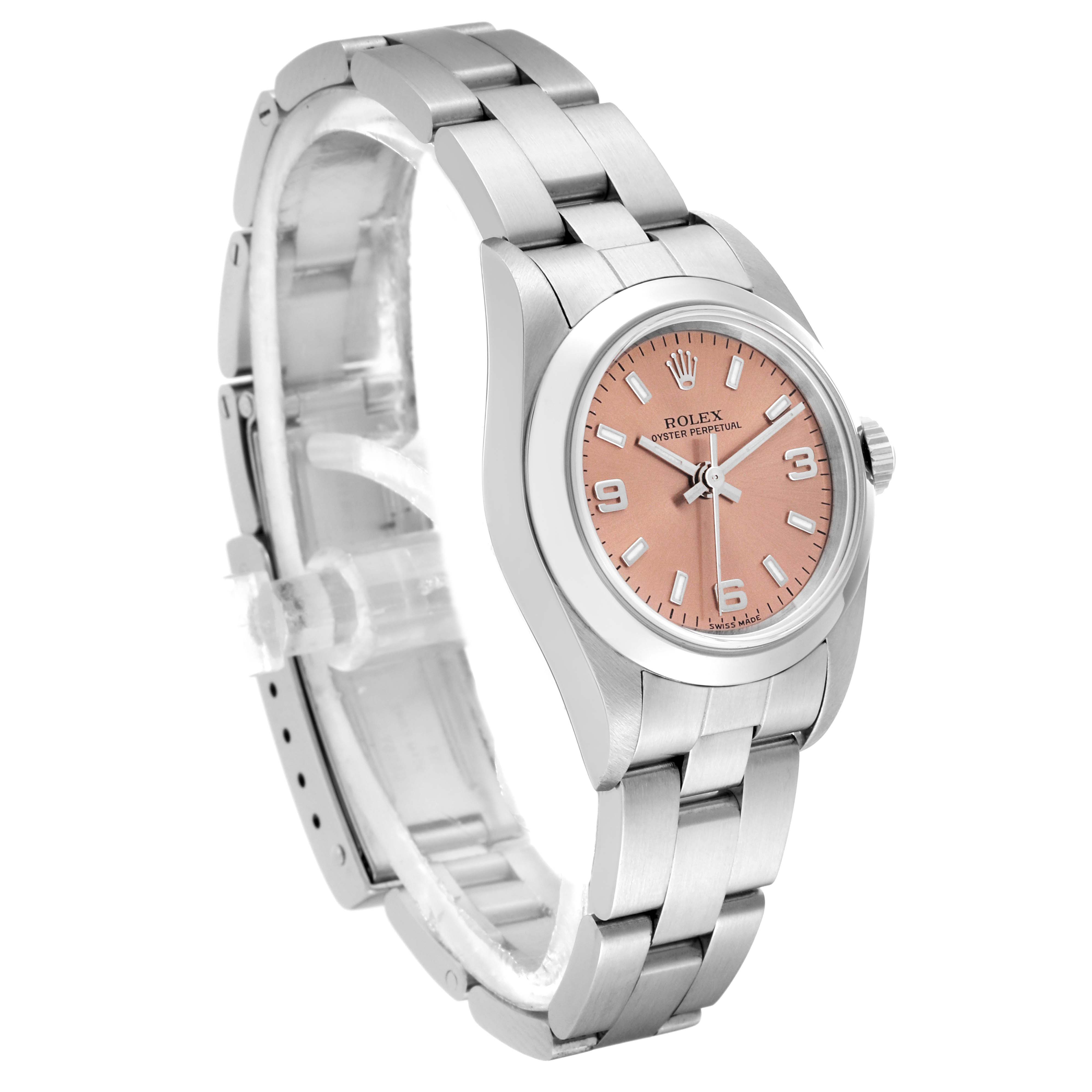 The image shows a Rolex Oyster Perpetual 76080 Women's Stainless Steel Pink Dial 76080 Women's Stainless Steel Pink Dial watch at a slight angle, highlighting the bracelet, case, and pink dial.