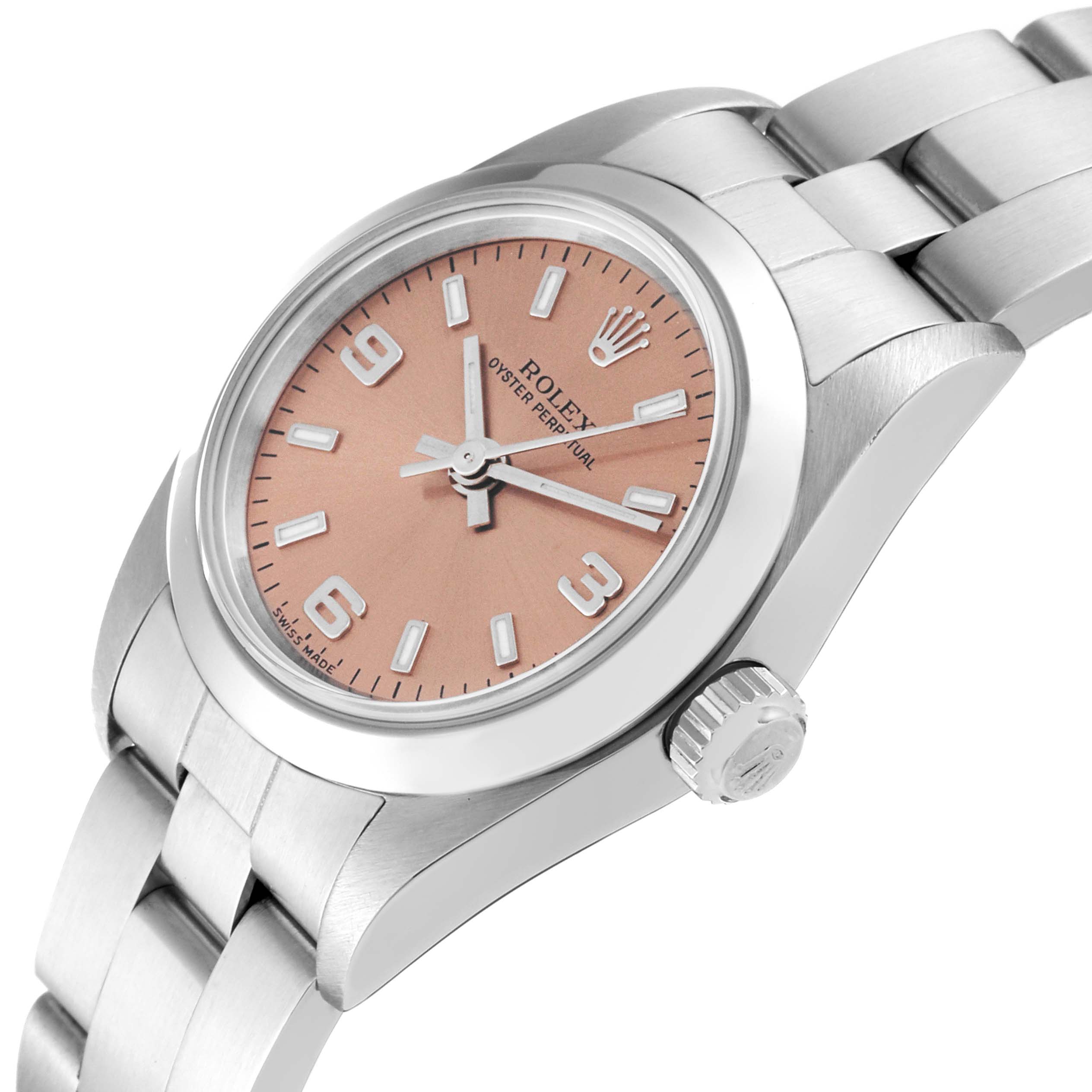 The image shows a side-angle view of a Rolex Oyster Perpetual 76080 Women's Stainless Steel Pink Dial 76080 Women's Stainless Steel Pink Dial watch, highlighting the face, crown, and part of the bracelet.