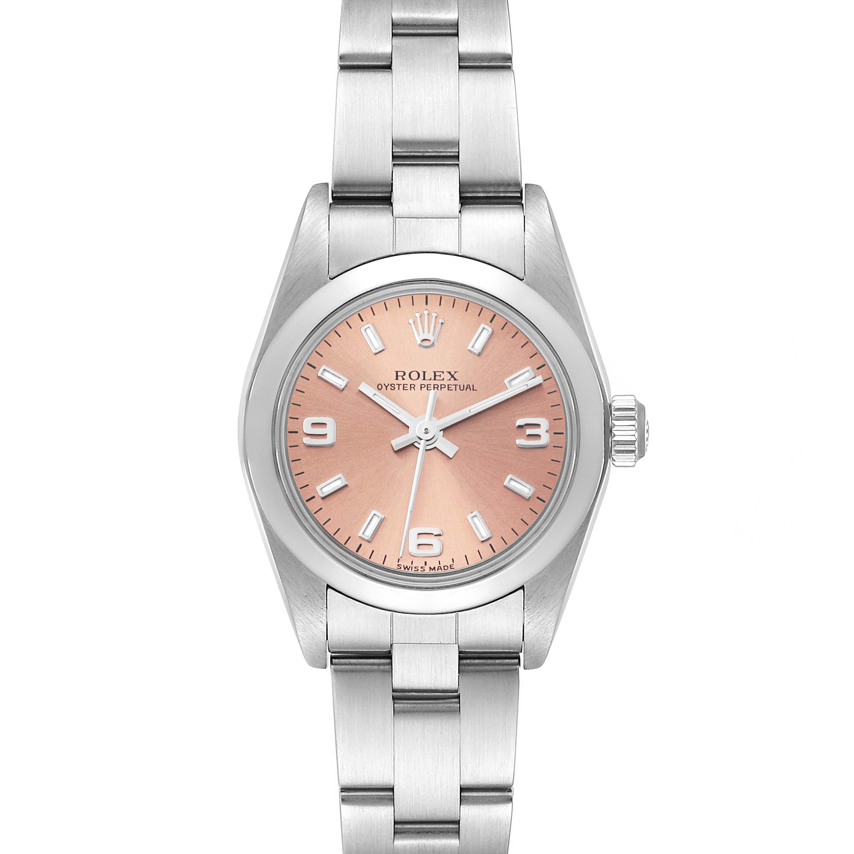 The image shows a front view of a Rolex Oyster Perpetual 76080 Women's Stainless Steel Pink Dial 76080 Women's Stainless Steel Pink Dial watch, highlighting its face, bezel, and stainless steel bracelet.