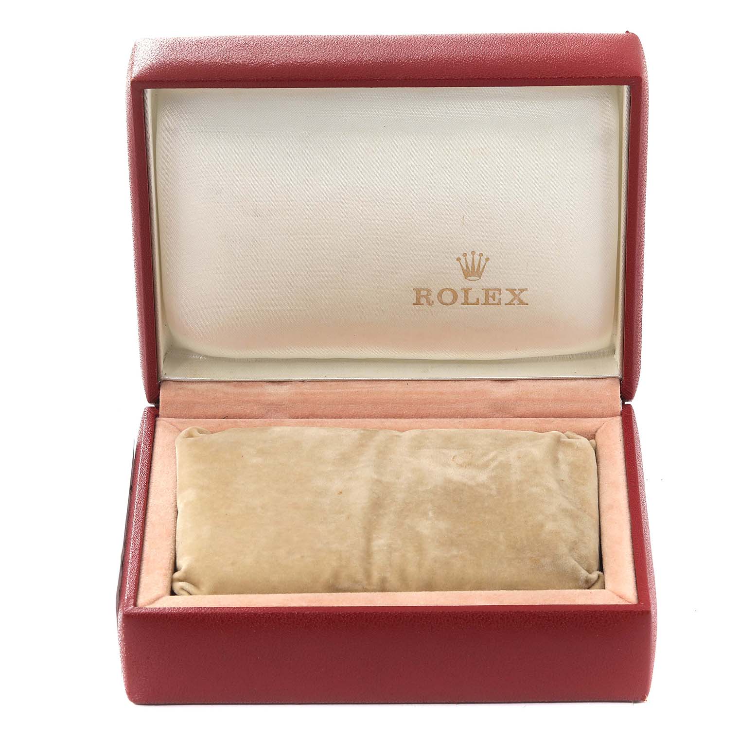 The image shows an open Rolex watch box for the Oyster Perpetual model, with a red exterior and a cushioned interior.