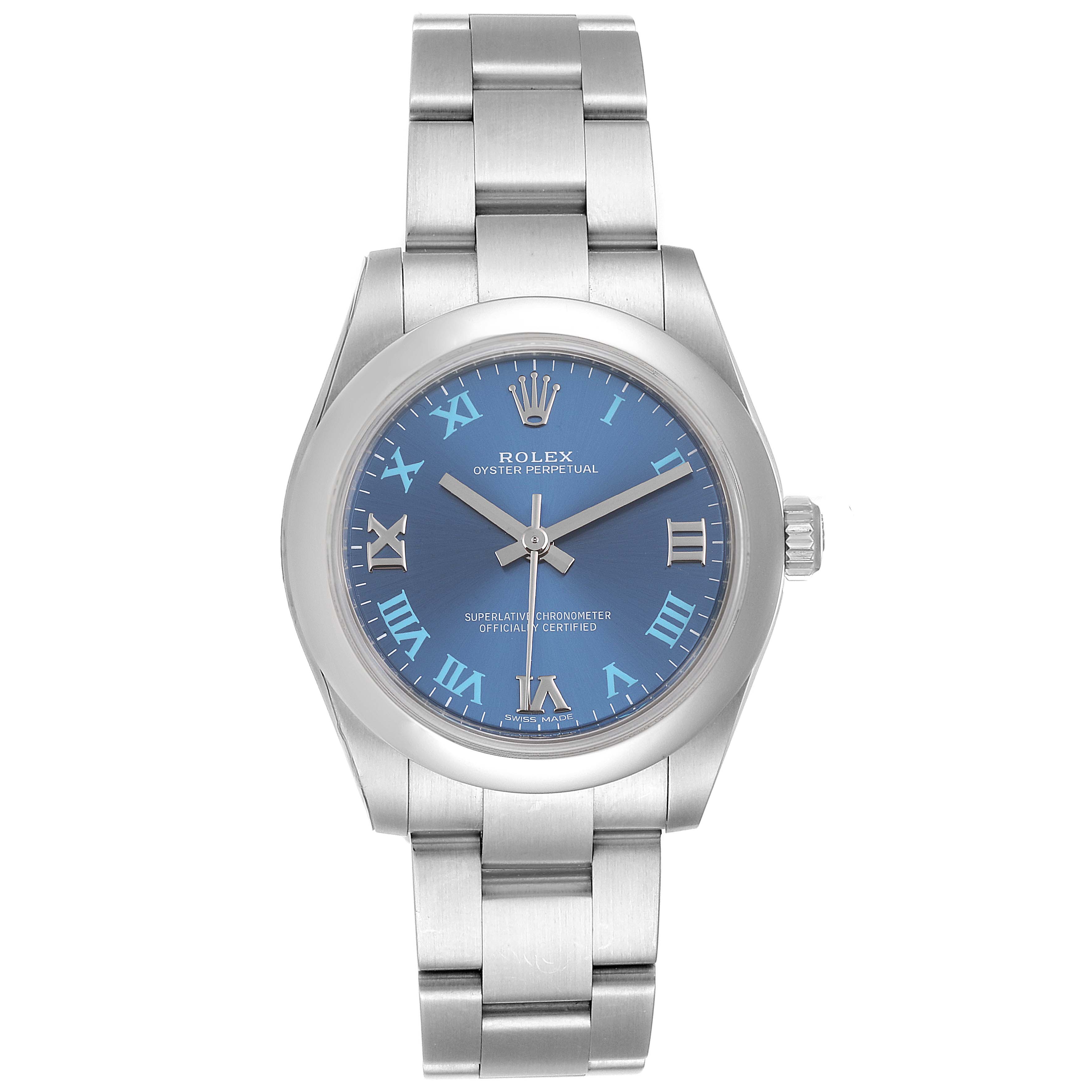 This image shows a frontal view of a Rolex Mid-Size 177200 Women
s Stainless Steel Blue Dial 177200 Women
s Stainless Steel Blue Dial Oyster Perpetual watch with a blue dial and silver bracelet.