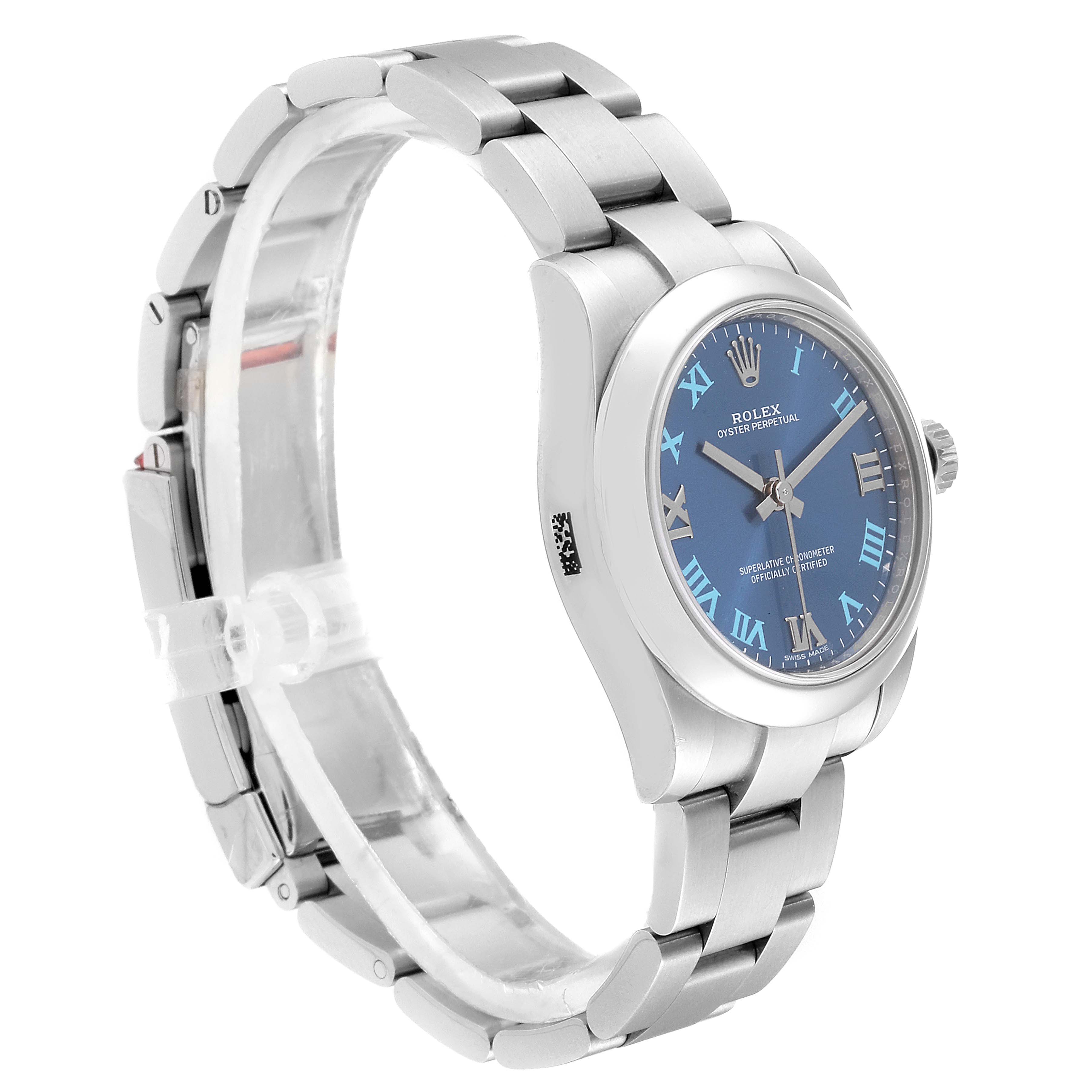 This image shows a side profile of the Rolex Mid-Size 177200 Women
s Stainless Steel Blue Dial 177200 Women
s Stainless Steel Blue Dial model, highlighting the bracelet and blue dial.