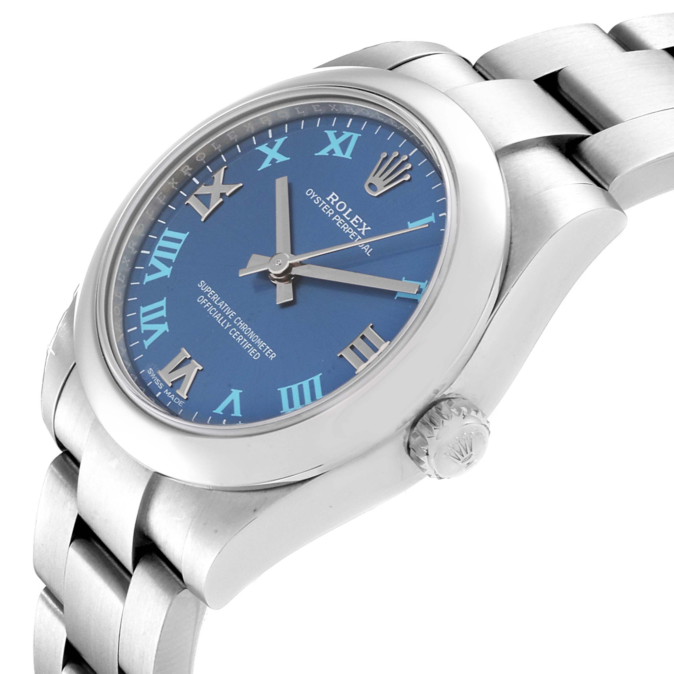The image shows a side angle of a Rolex Mid-Size 177200 Women
s Stainless Steel Blue Dial 177200 Women
s Stainless Steel Blue Dial model watch, highlighting the blue dial, crown, and part of the bracelet.