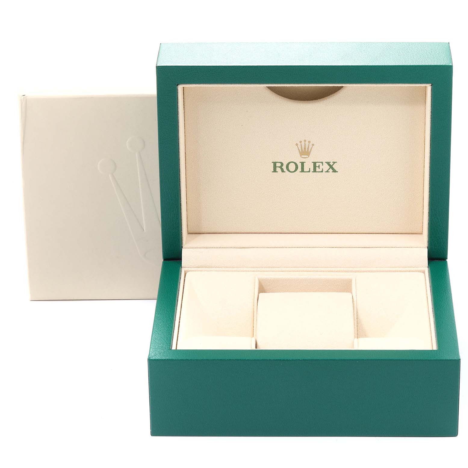 The image shows an open Rolex Mid-Size 177200 Women
s Stainless Steel Blue Dial 177200 Women
s Stainless Steel Blue Dial watch box from a front angle, showcasing its green and beige interior.