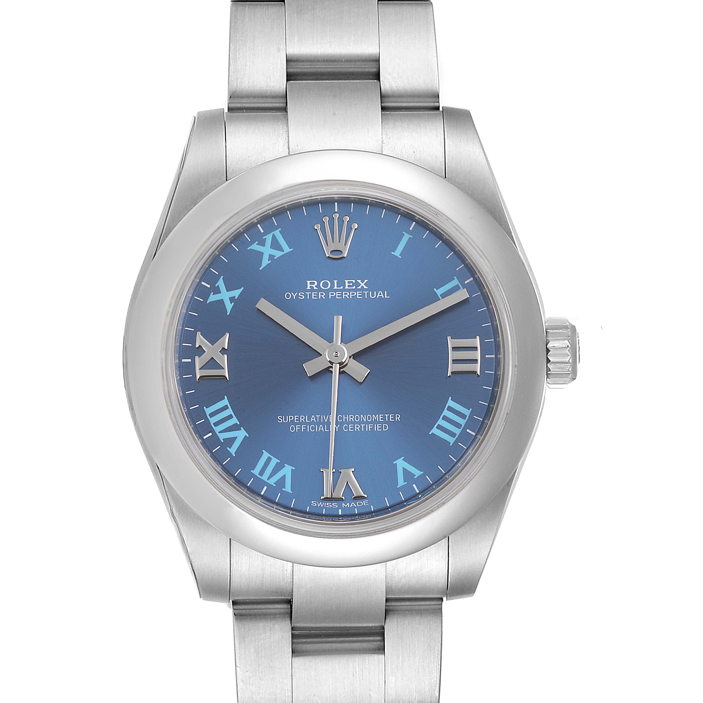 The image shows the front view of a Rolex Oyster Perpetual Mid-Size model, highlighting the dial, bezel, and bracelet.