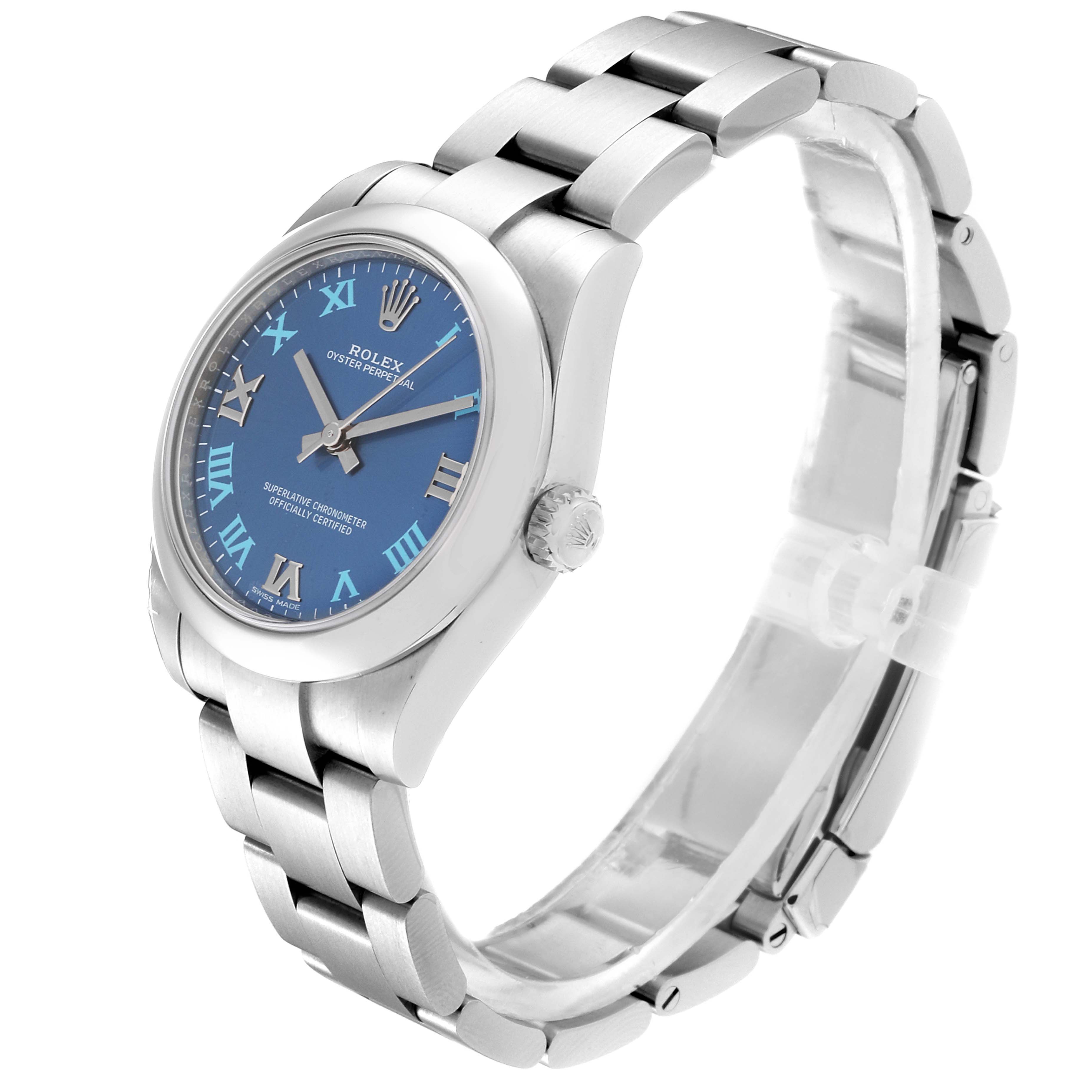 This image shows a Rolex Mid-Size 177200 Women
s Stainless Steel Blue Dial 177200 Women
s Stainless Steel Blue Dial Oyster Perpetual watch at a three-quarter angle, highlighting its blue dial and stainless steel bracelet.