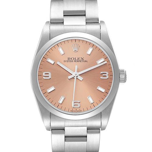 The Rolex Mid-Size Oyster Perpetual watch is shown from a front angle, highlighting its face, bezel, and bracelet.