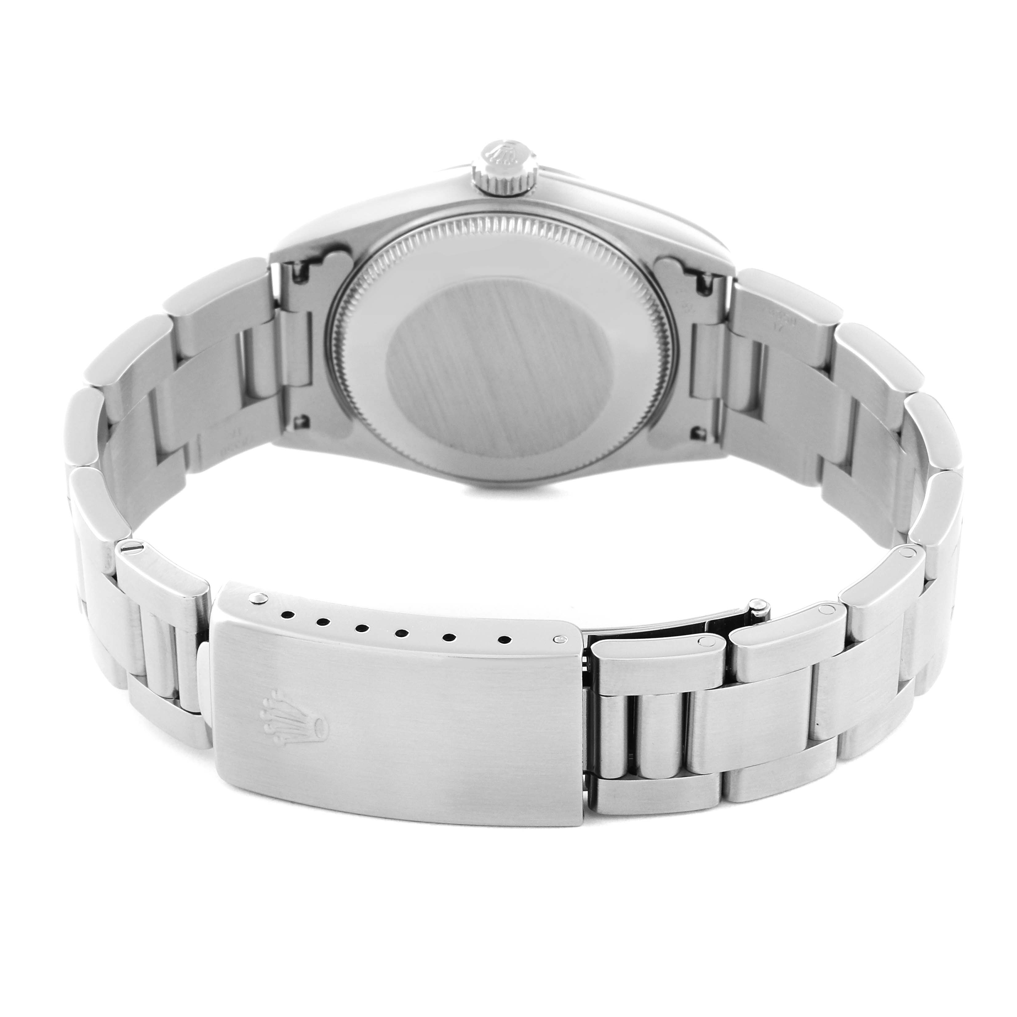 This image shows the back case and bracelet of a Rolex Mid-Size 77080 Women's Stainless Steel Pink Dial 77080 Women's Stainless Steel Pink Dial model, viewed from the rear angle.