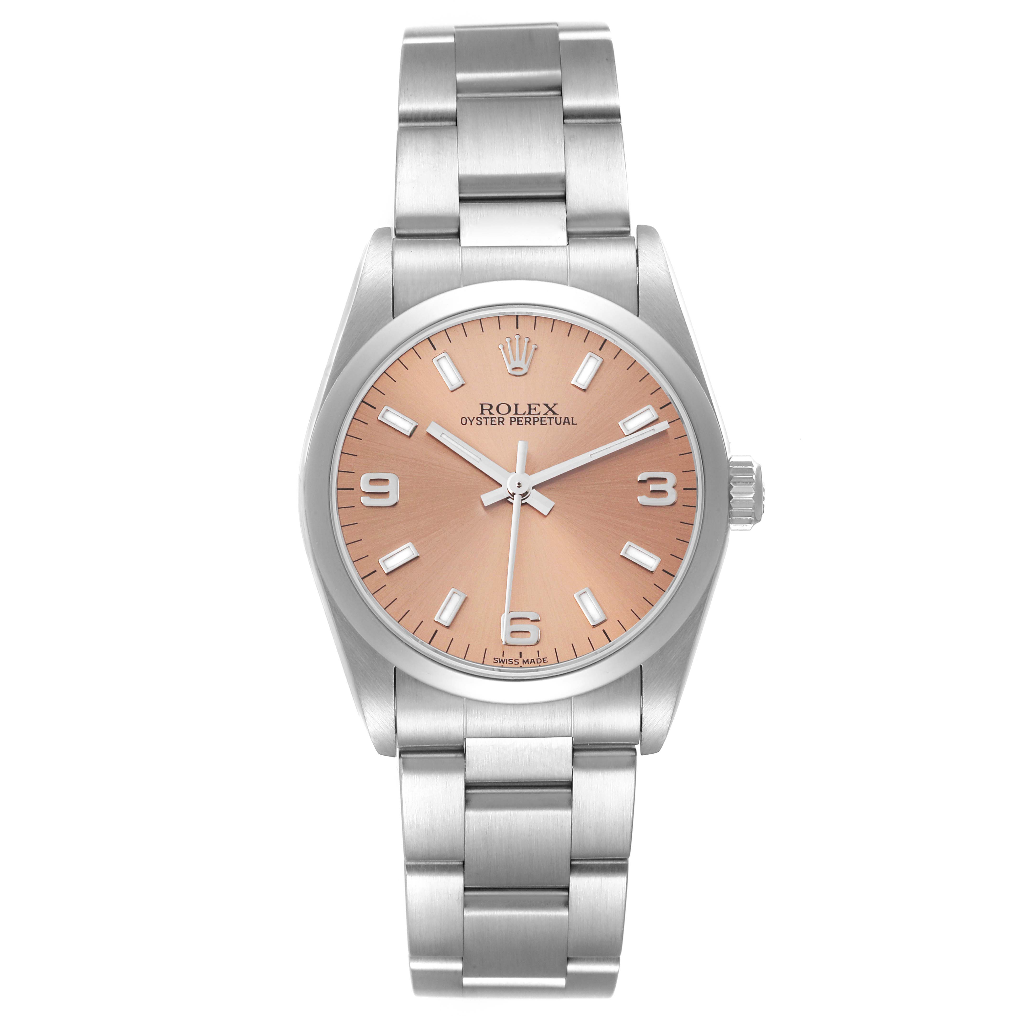 The Rolex Mid-Size 77080 Women's Stainless Steel Pink Dial 77080 Women's Stainless Steel Pink Dial model is shown in a front view, displaying its face, bracelet, and crown.