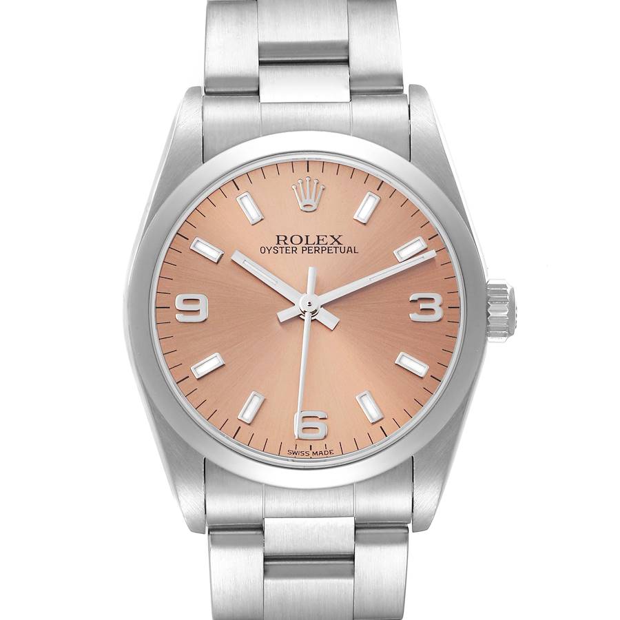 This Rolex Oyster Perpetual Mid-Size watch is shown from a front angle, highlighting its pink dial, case, and bracelet.