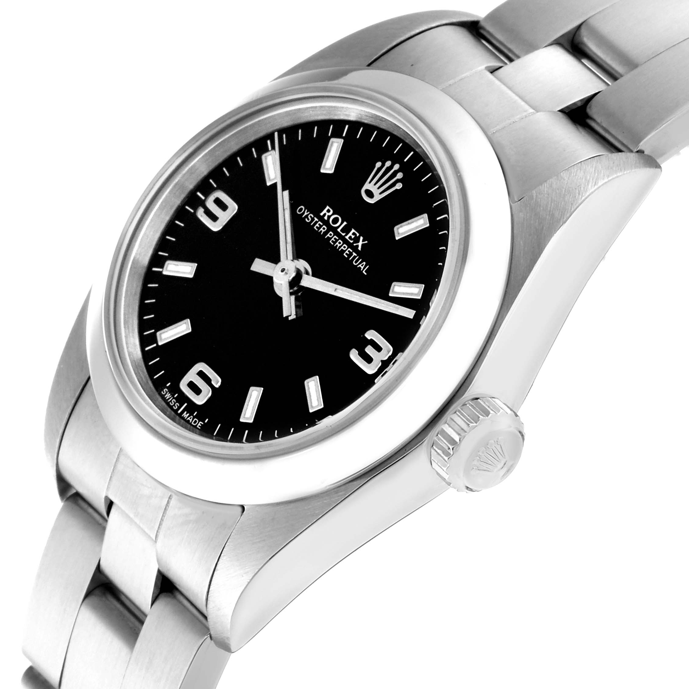 The image shows a close-up angle of the Rolex Oyster Perpetual 76080 Women's Stainless Steel Black Dial 76080 Women's Stainless Steel Black Dial watch, highlighting its black dial, metal bracelet, and crown.