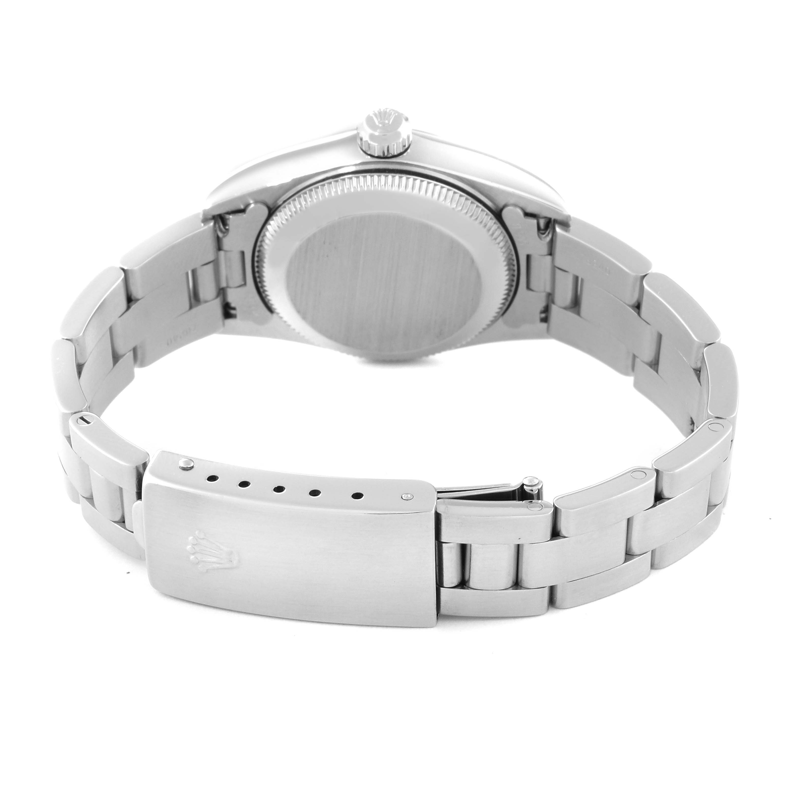 The image shows the back and clasp of a Rolex Oyster Perpetual 76080 Women's Stainless Steel Black Dial 76080 Women's Stainless Steel Black Dial watch, highlighting the bracelet and case back.