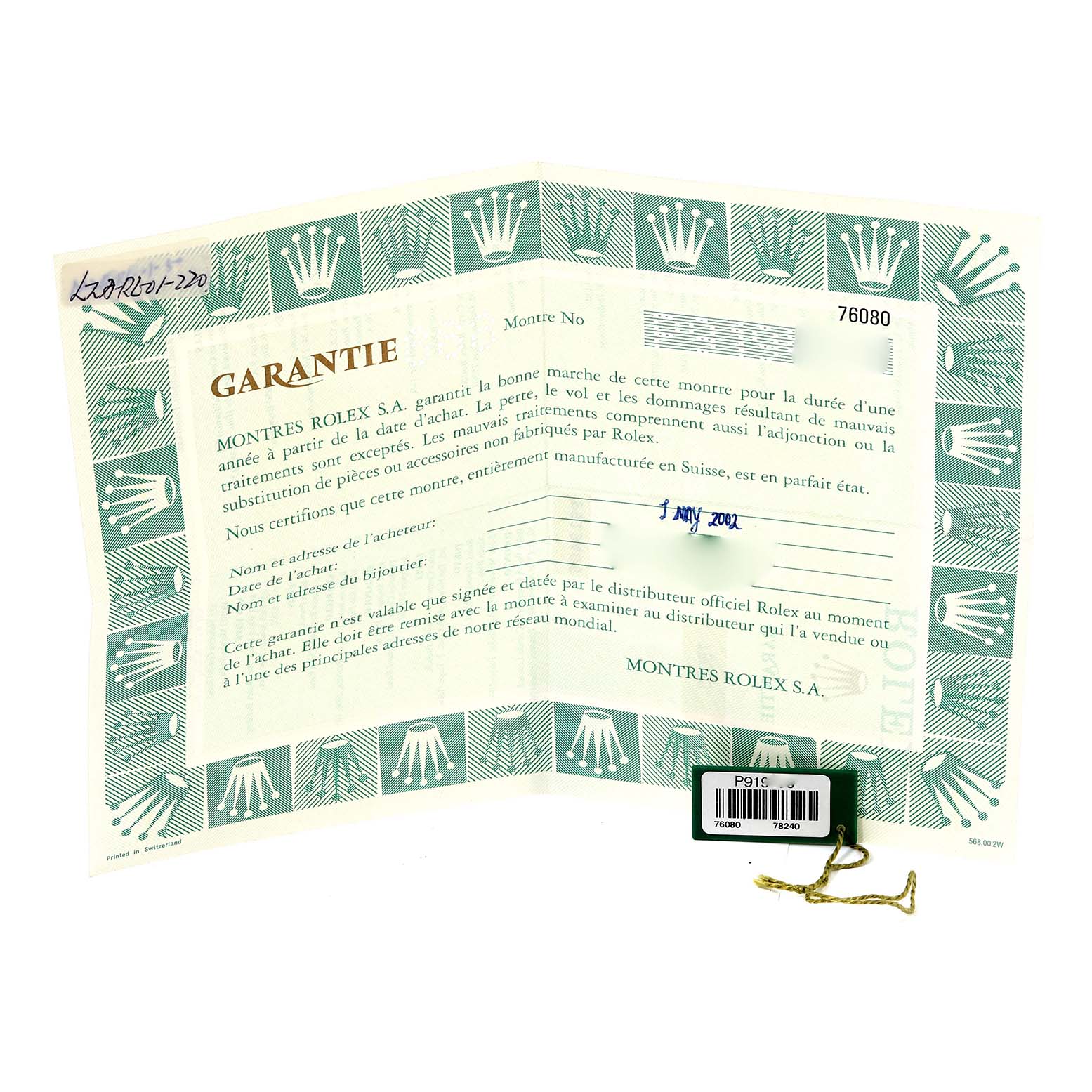 The image shows a warranty card and tag for a Rolex Oyster Perpetual 76080 Women's Stainless Steel Black Dial 76080 Women's Stainless Steel Black Dial watch.