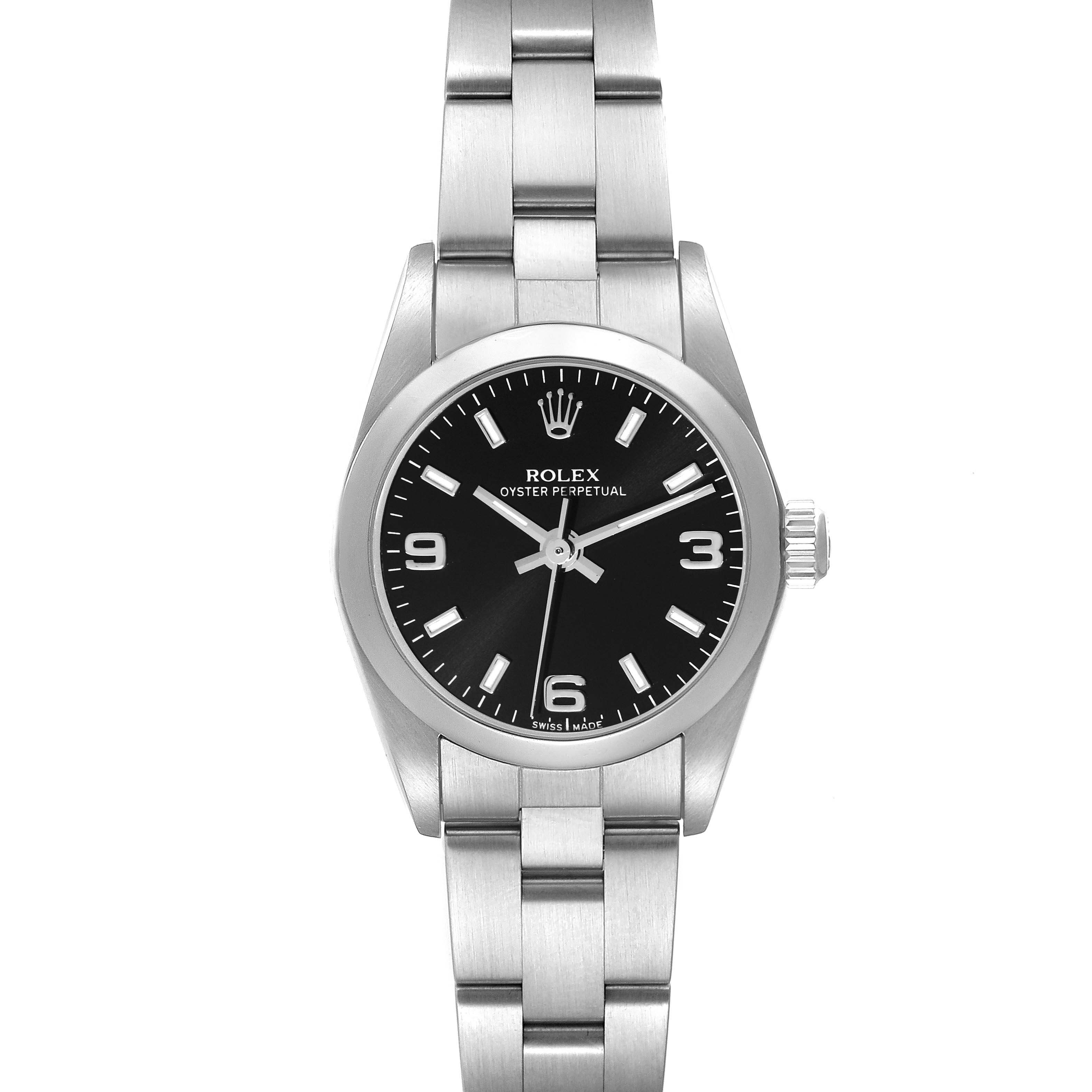 The image shows a front view of the Rolex Oyster Perpetual 76080 Women's Stainless Steel Black Dial 76080 Women's Stainless Steel Black Dial watch, displaying the dial, bezel, and bracelet clearly.