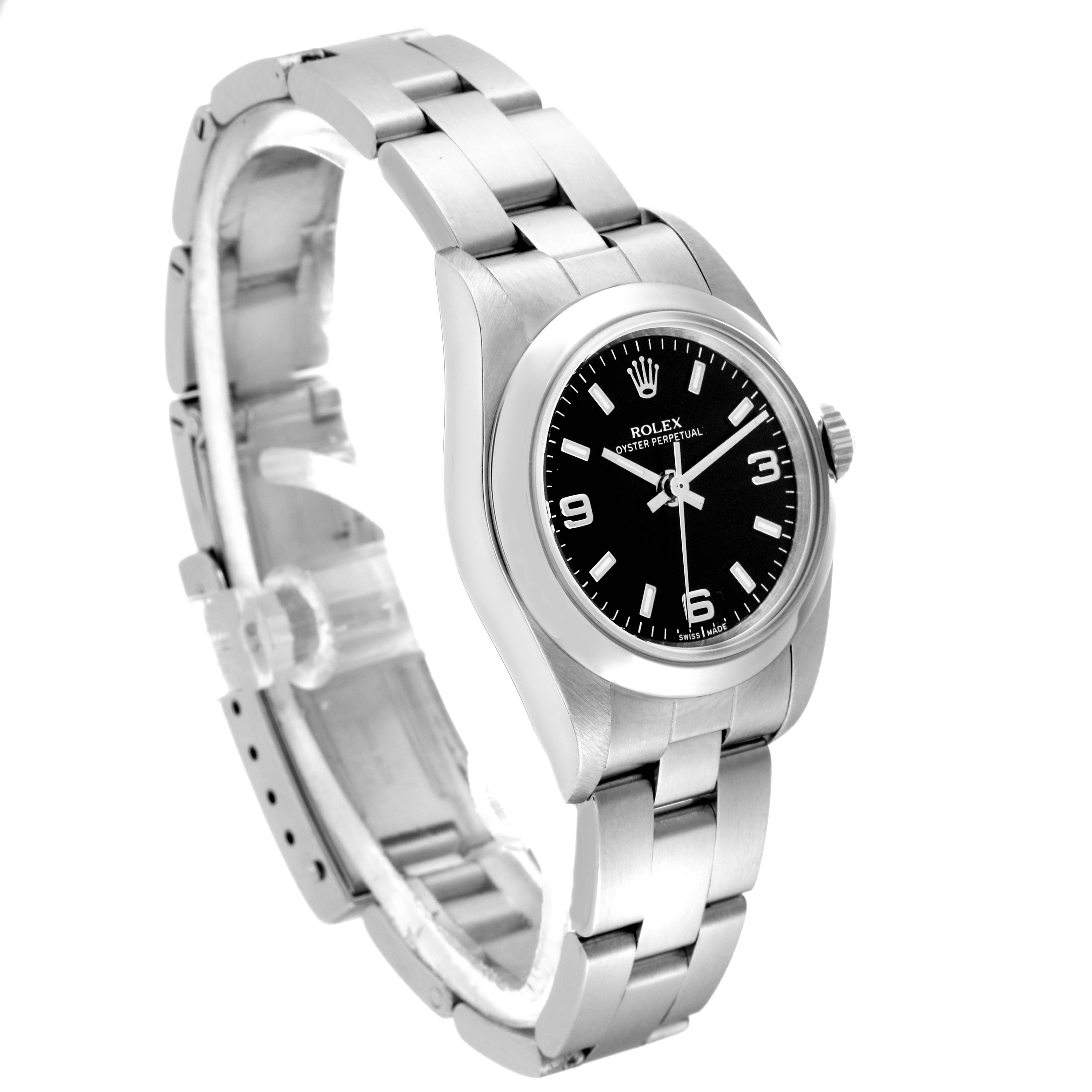 The image shows a Rolex Oyster Perpetual 76080 Women's Stainless Steel Black Dial 76080 Women's Stainless Steel Black Dial watch, angled to display its black dial, bezel, bracelet, and crown.